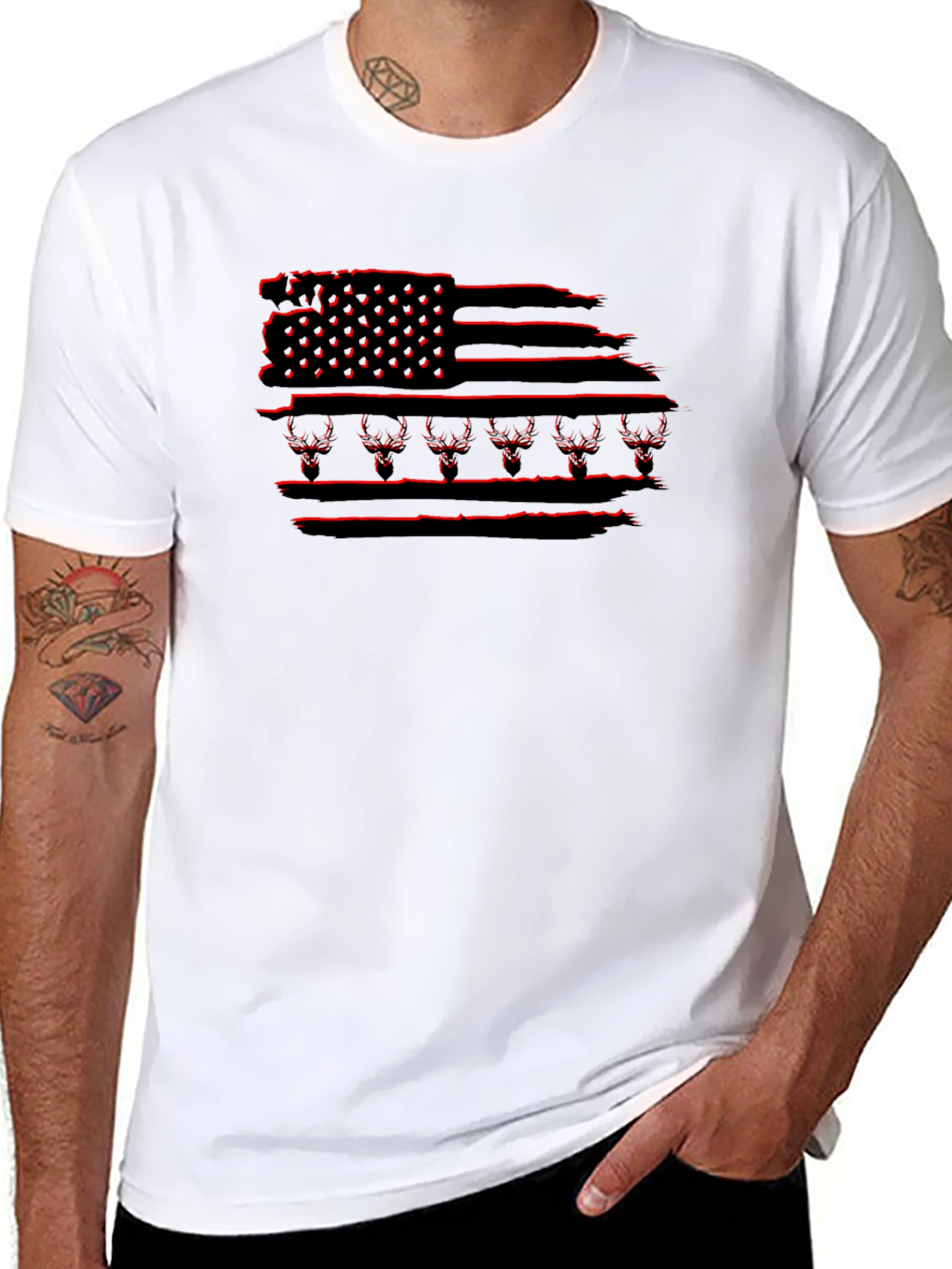 Mens Black T-Shirt with Distressed Deer Flag Design