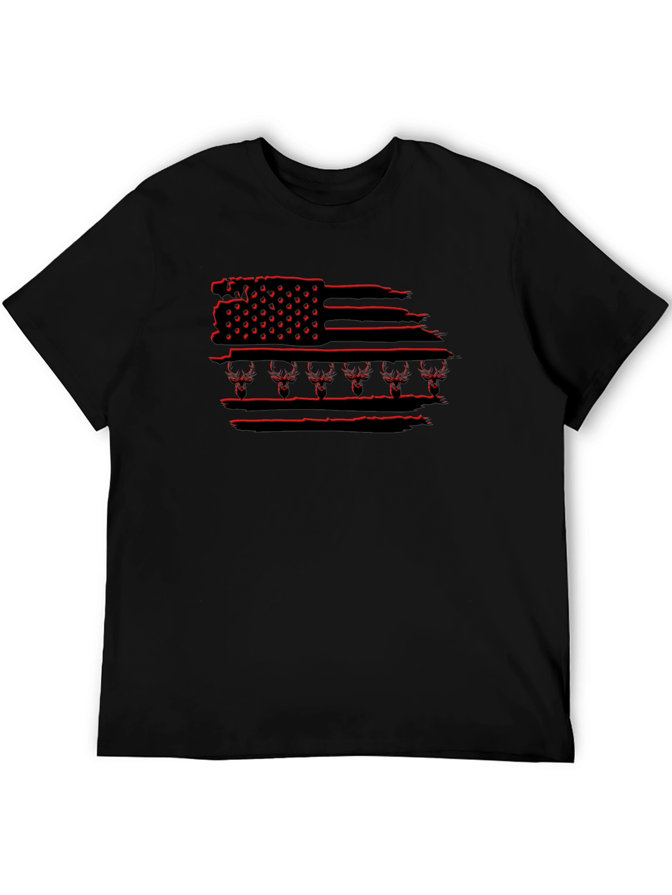 Mens Black T-Shirt with Distressed Deer Flag Design