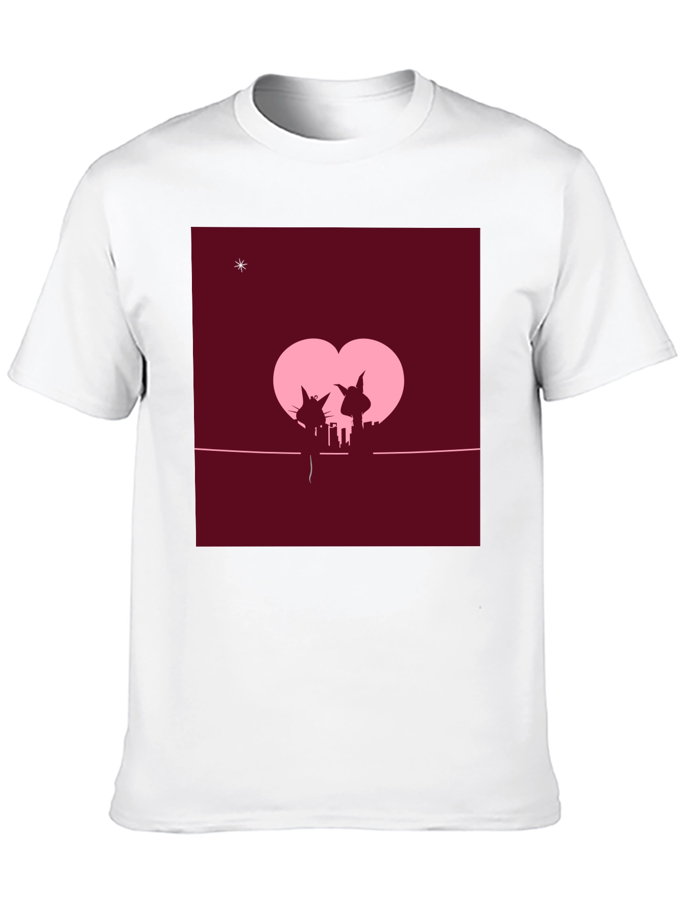 Whimsical Cat Couple T-Shirt - Romantic City Silhouette