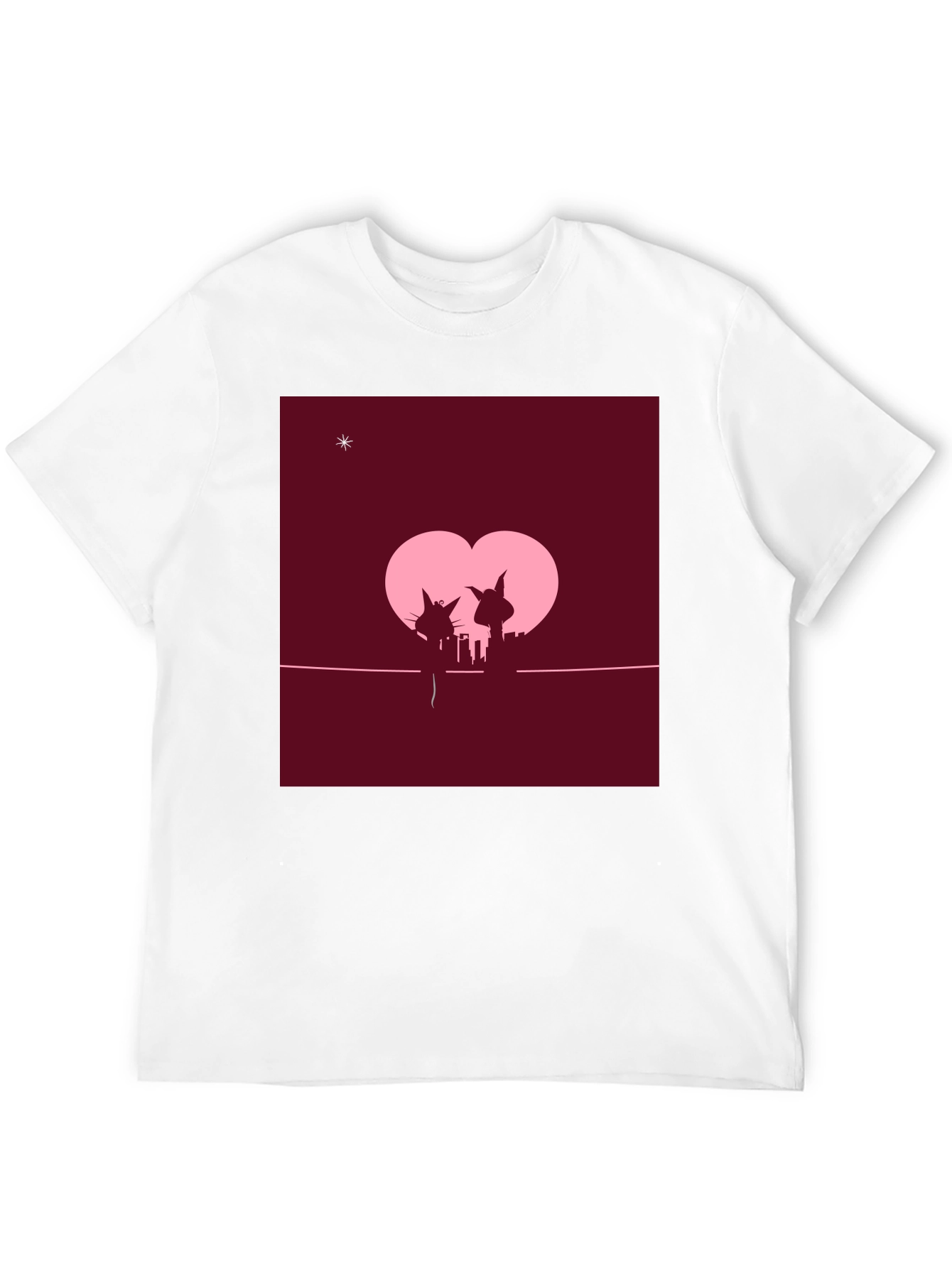 Whimsical Cat Couple T-Shirt - Romantic City Silhouette