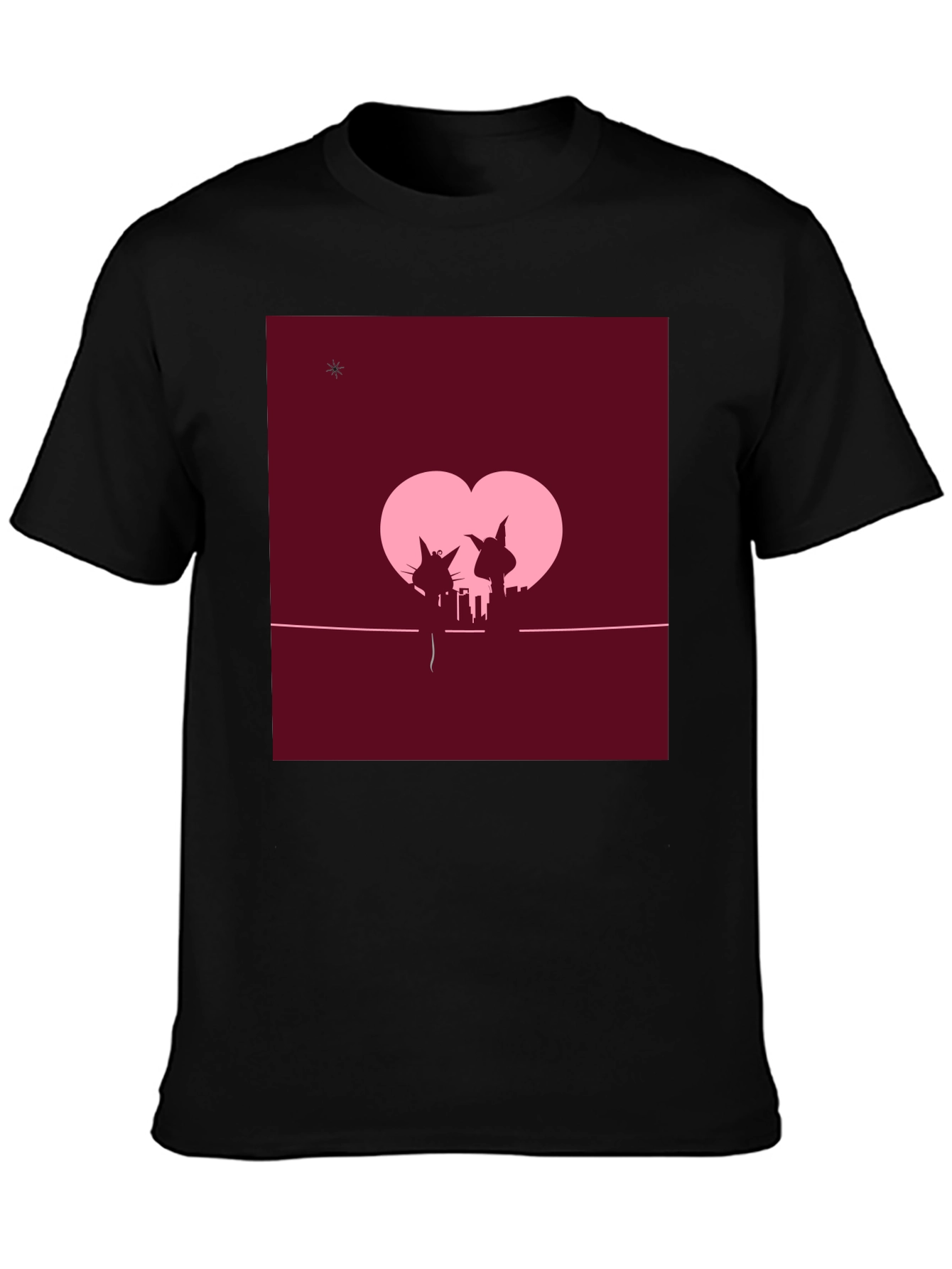 Whimsical Cat Couple T-Shirt - Romantic City Silhouette
