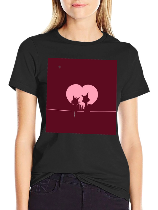 Whimsical Cat Couple T-Shirt - Romantic City Silhouette