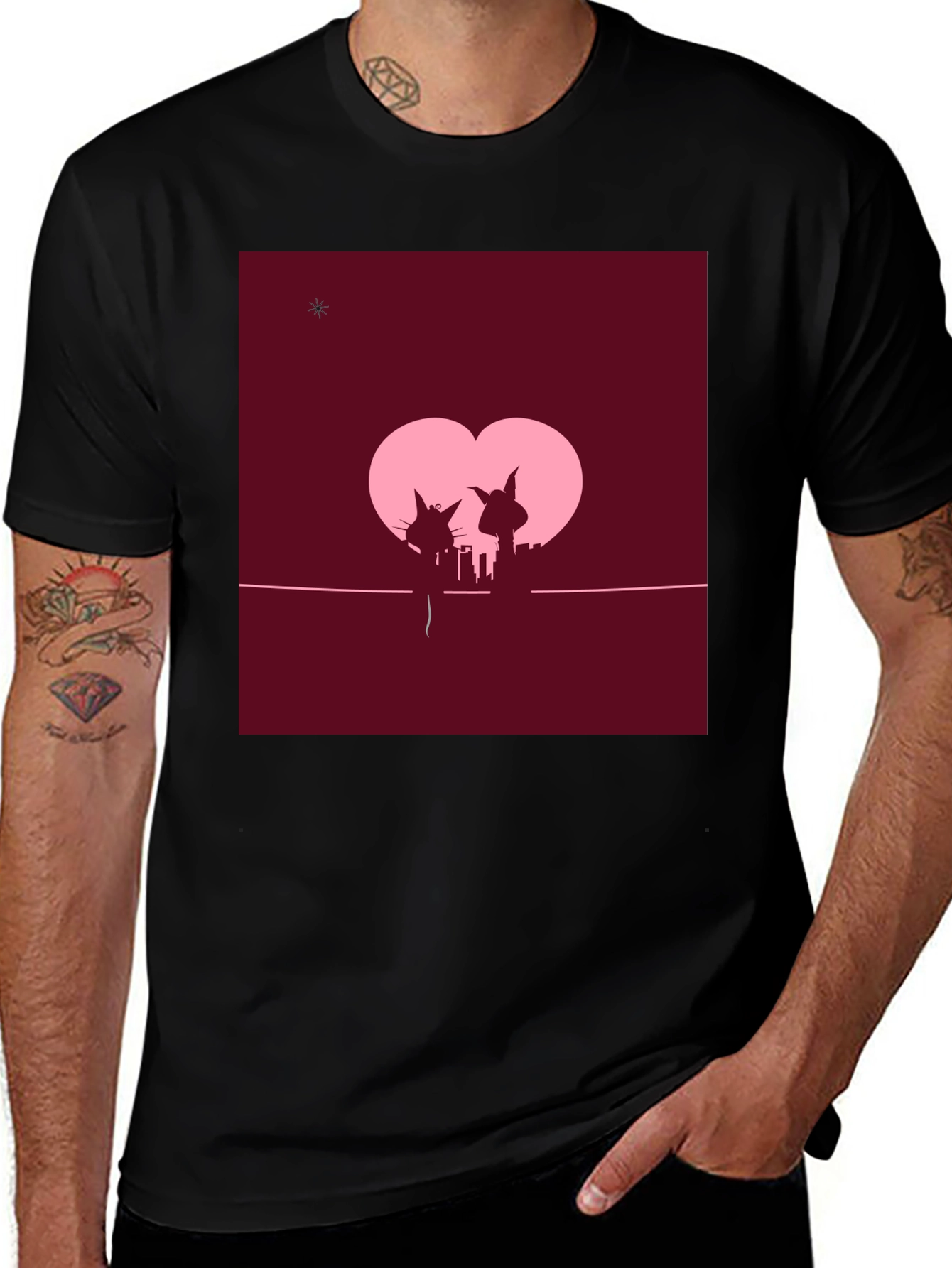 Whimsical Cat Couple T-Shirt - Romantic City Silhouette