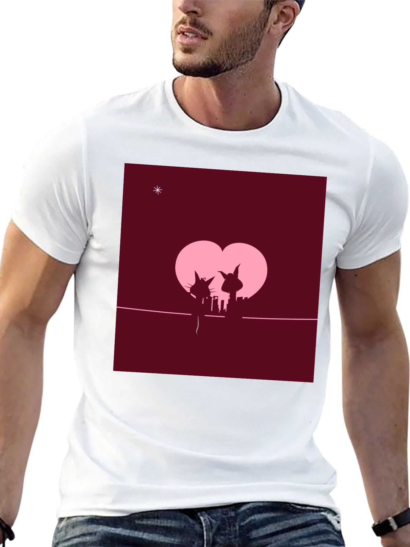 Whimsical Cat Couple T-Shirt - Romantic City Silhouette