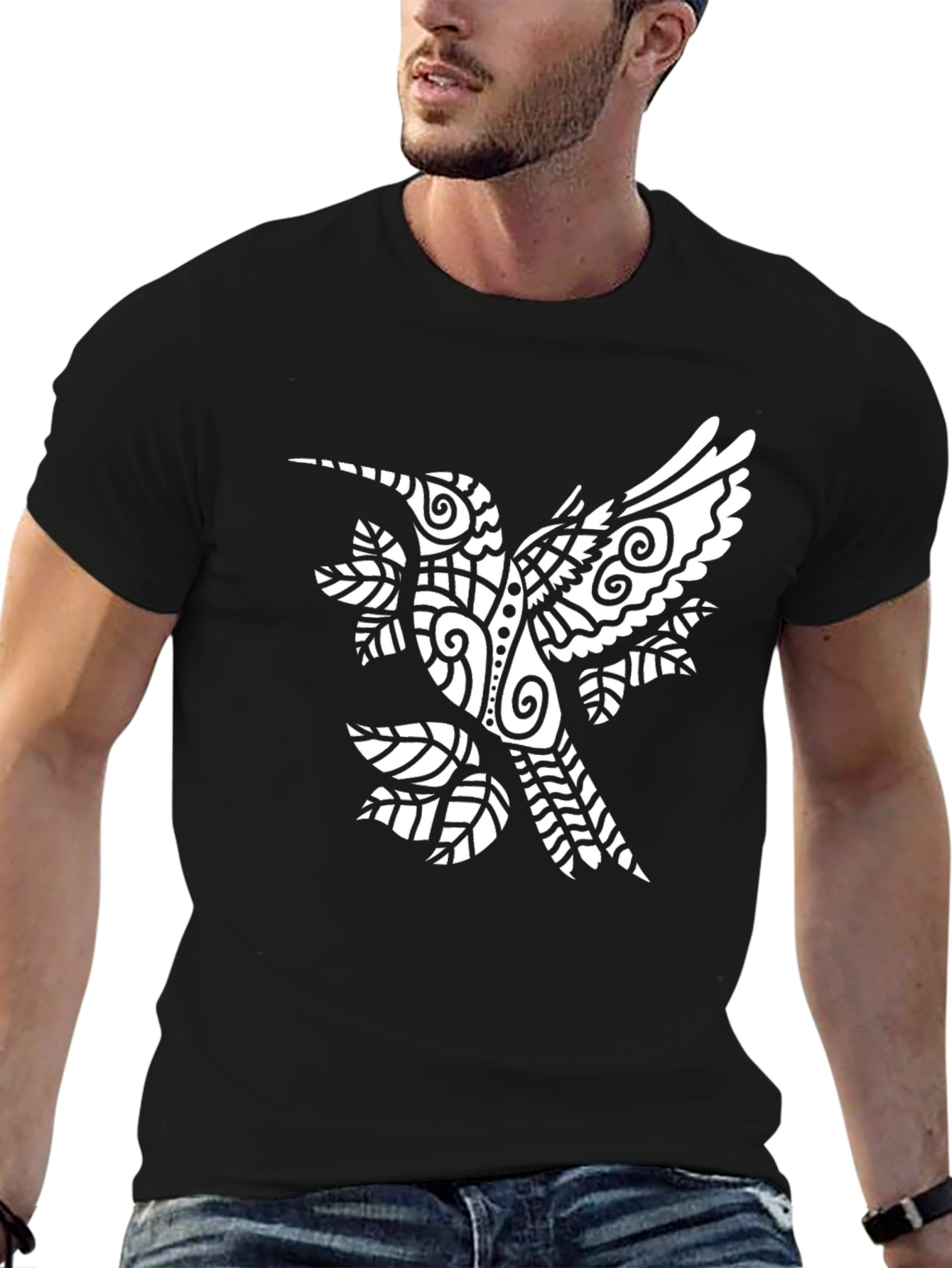 Mens Black Graphic Tee with Hummingbird Design
