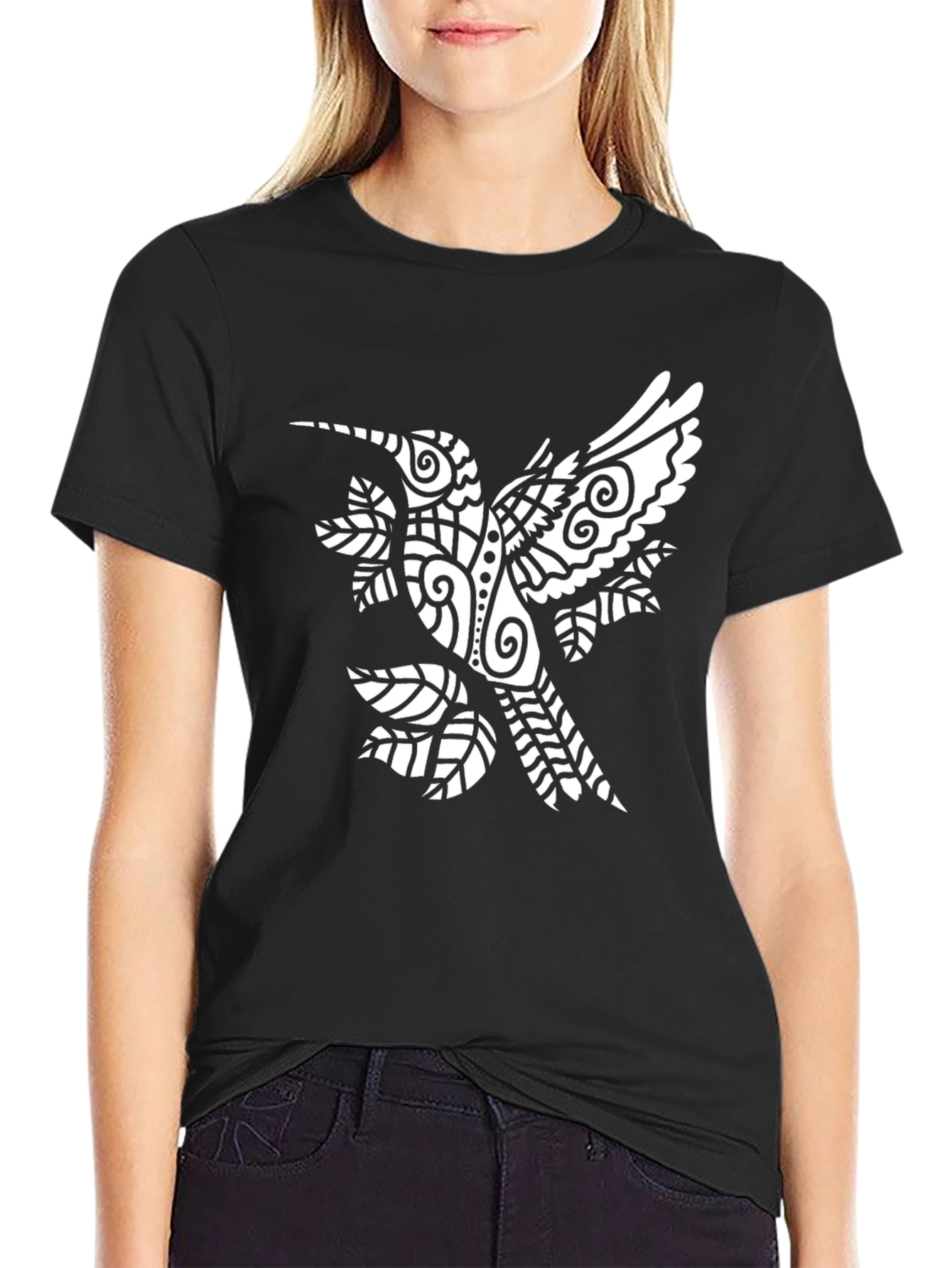 Mens Black Graphic Tee with Hummingbird Design