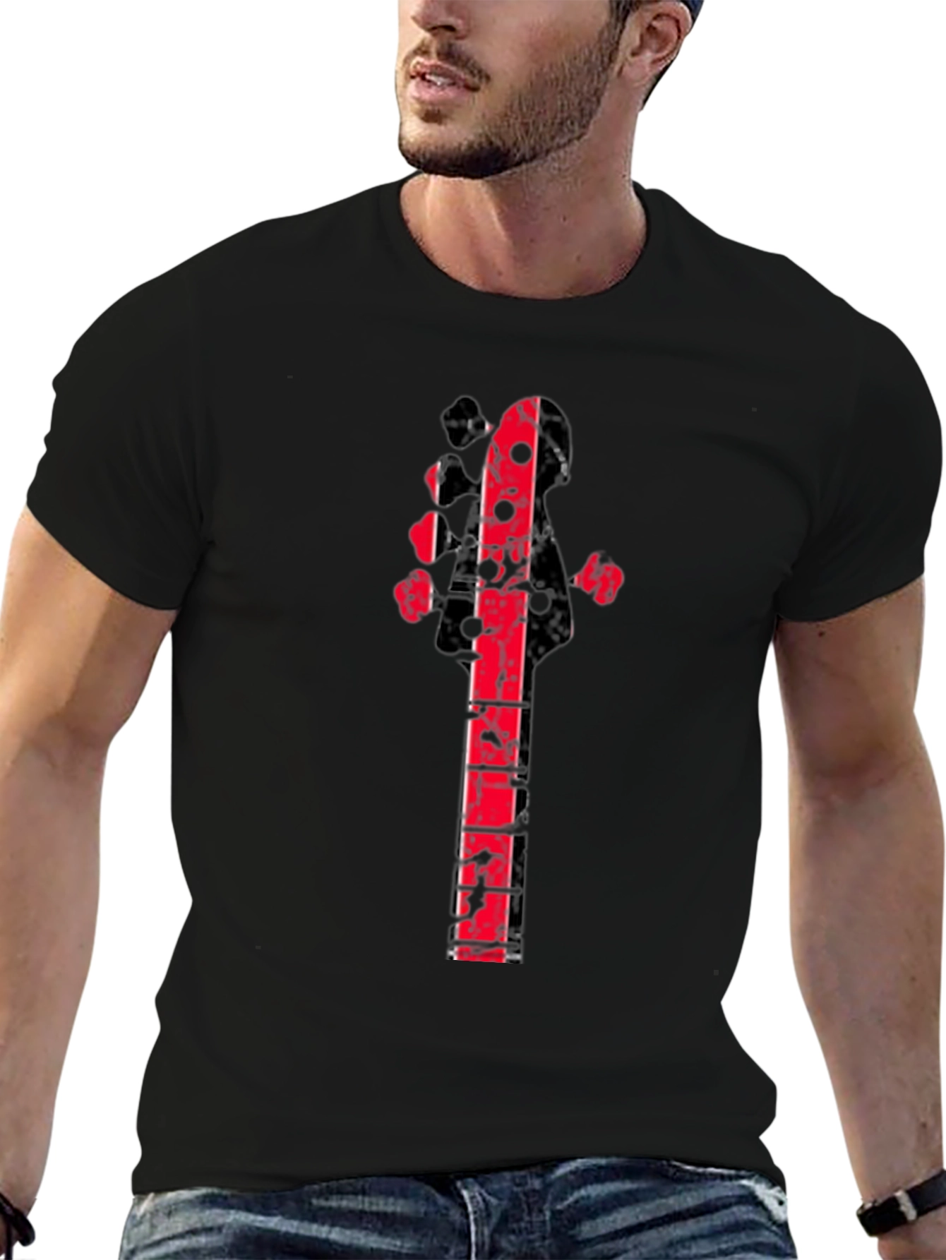 Distressed Red Guitar Graphic Black T-Shirt