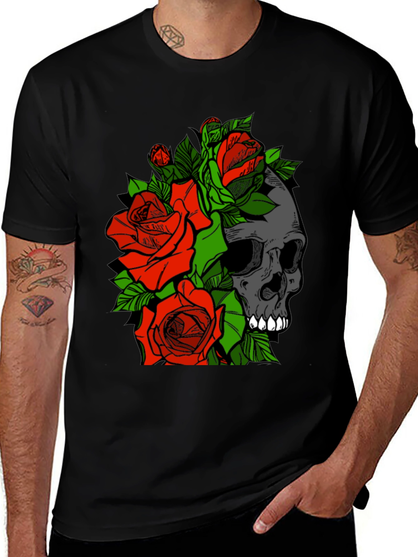 Skull and Roses Graphic Tee - Black