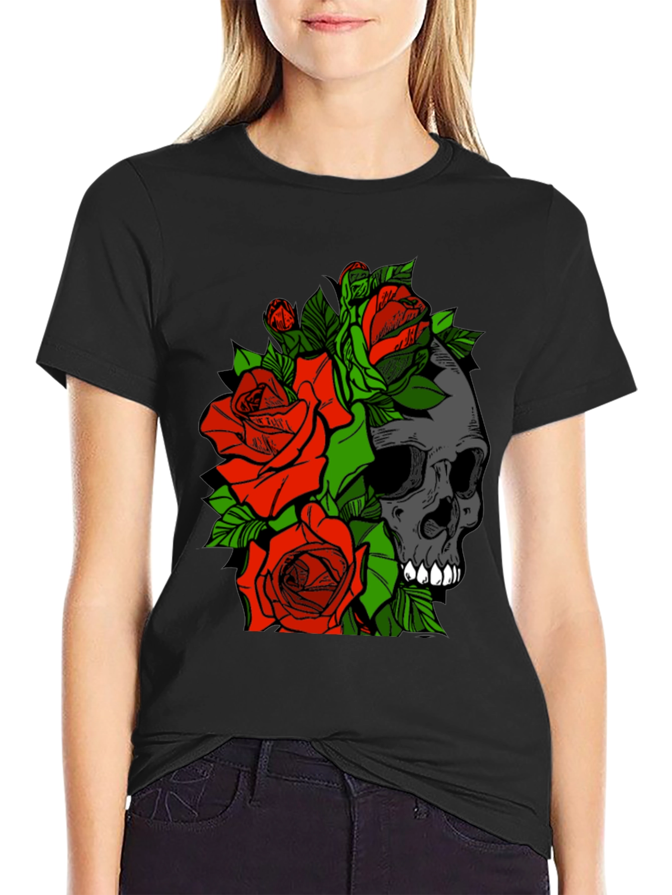 Skull and Roses Graphic Tee - Black