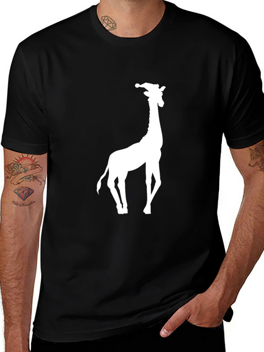 Giraffe Santa Hat Graphic Tee - Black Cotton T-Shirt