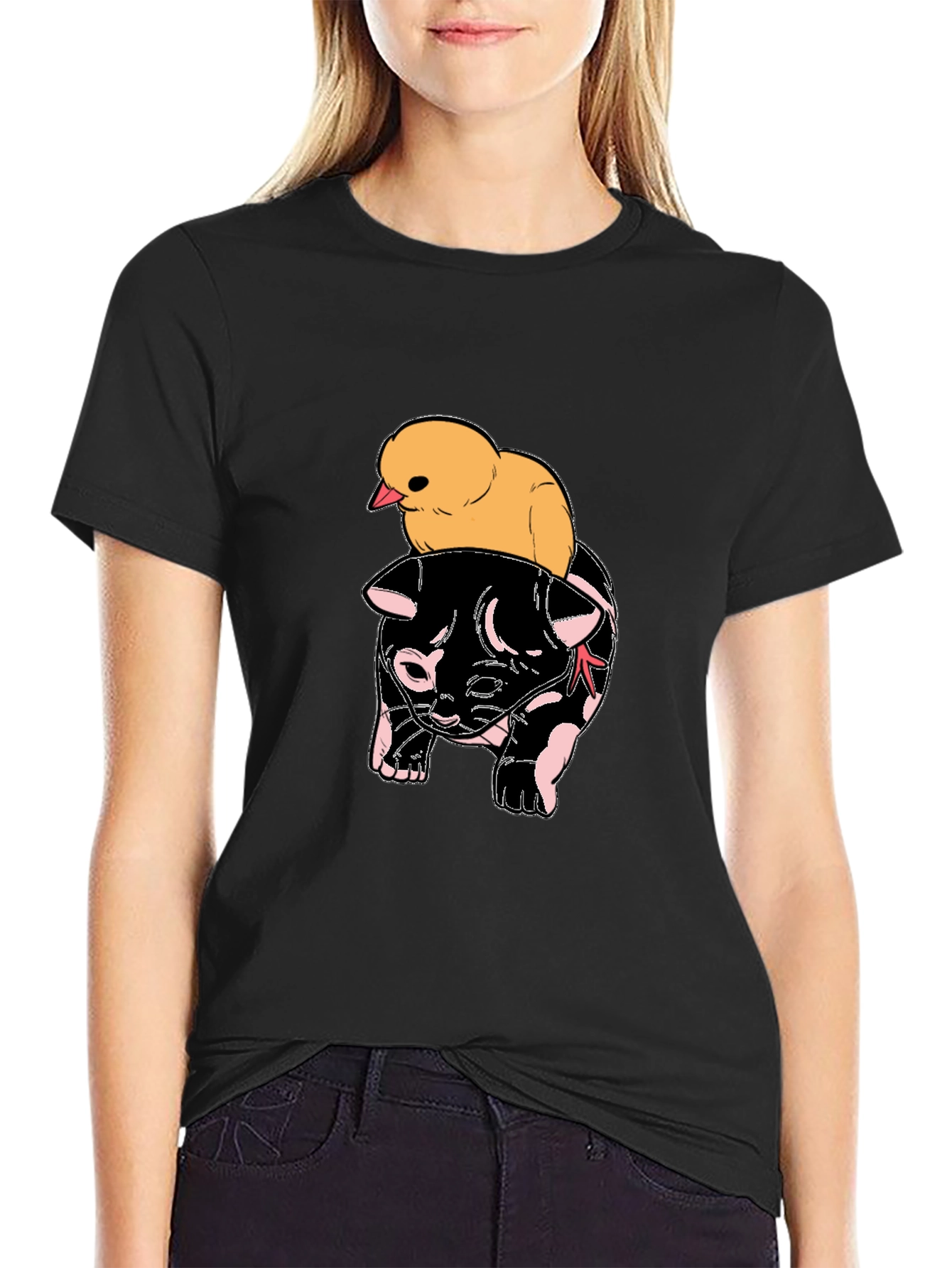 Cute Chick Riding Cat T-Shirt - Black Graphic Tee
