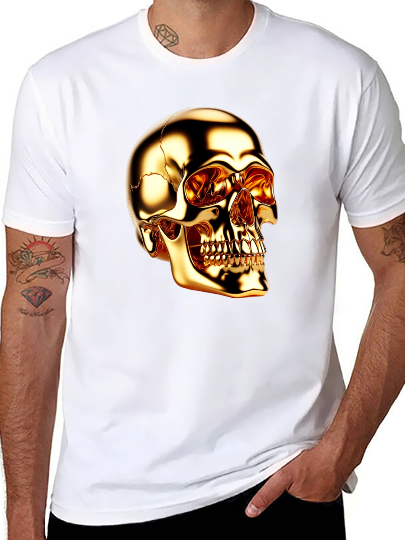 Golden Skull Graphic Print Black T-Shirt
