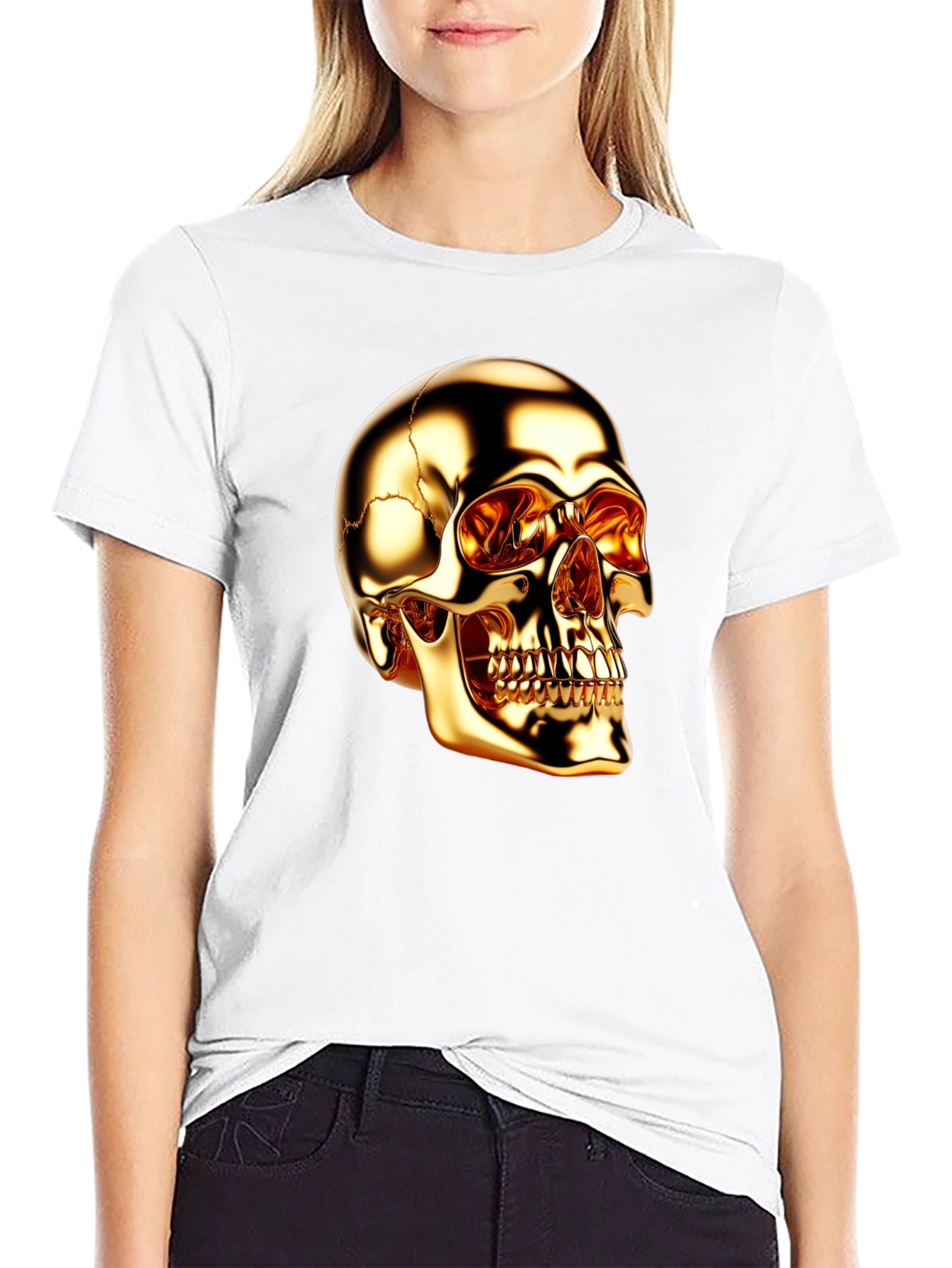Golden Skull Graphic Print Black T-Shirt