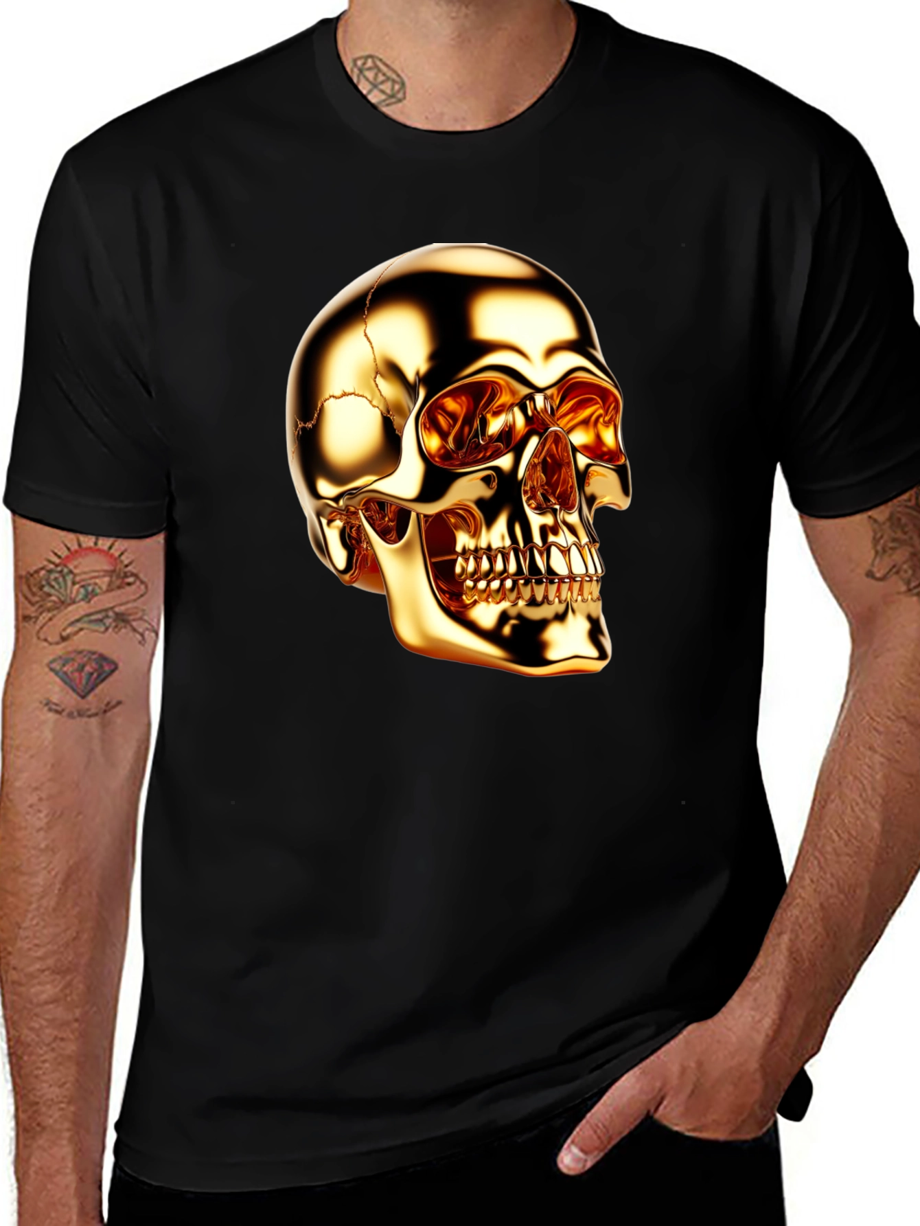 Golden Skull Graphic Print Black T-Shirt