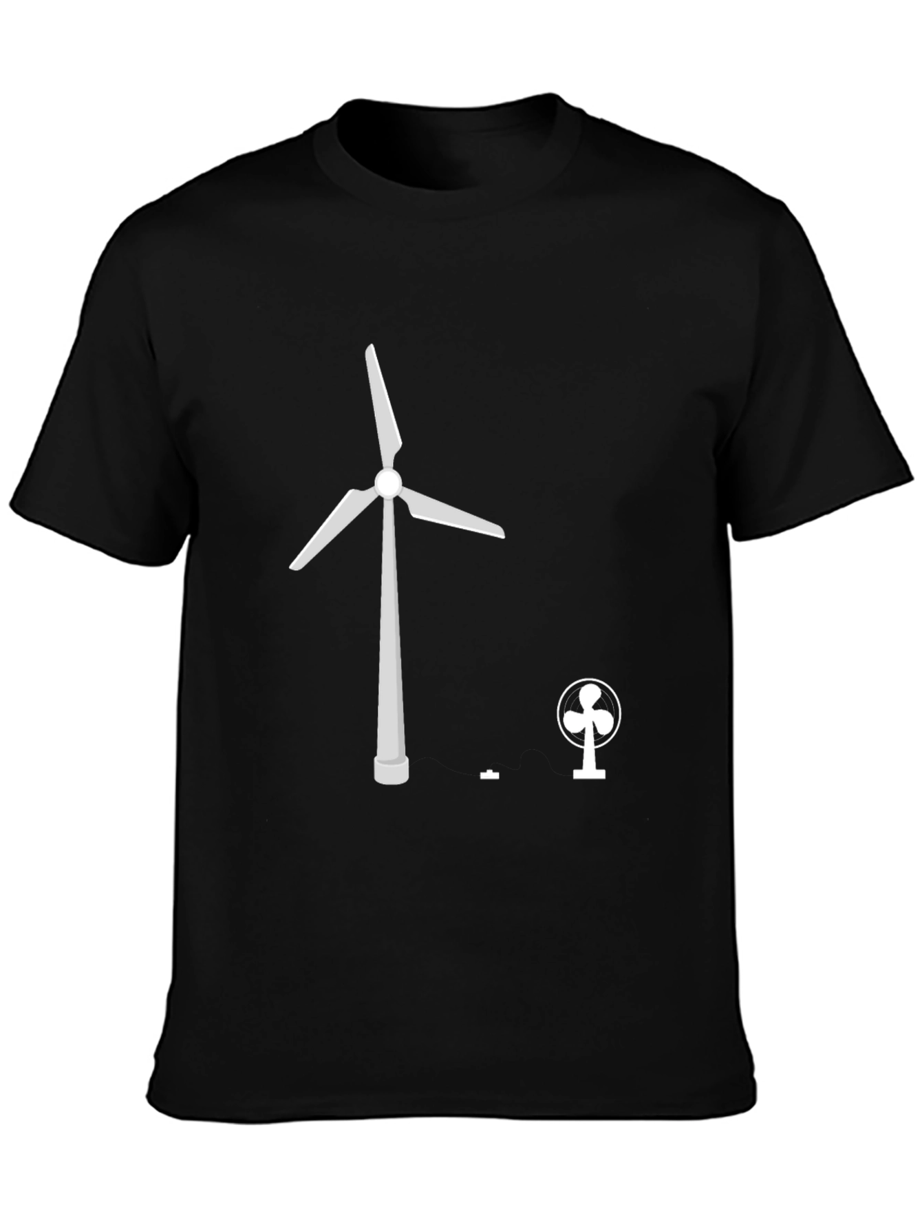 Black T-Shirt with Wind Turbine vs Fan Graphic