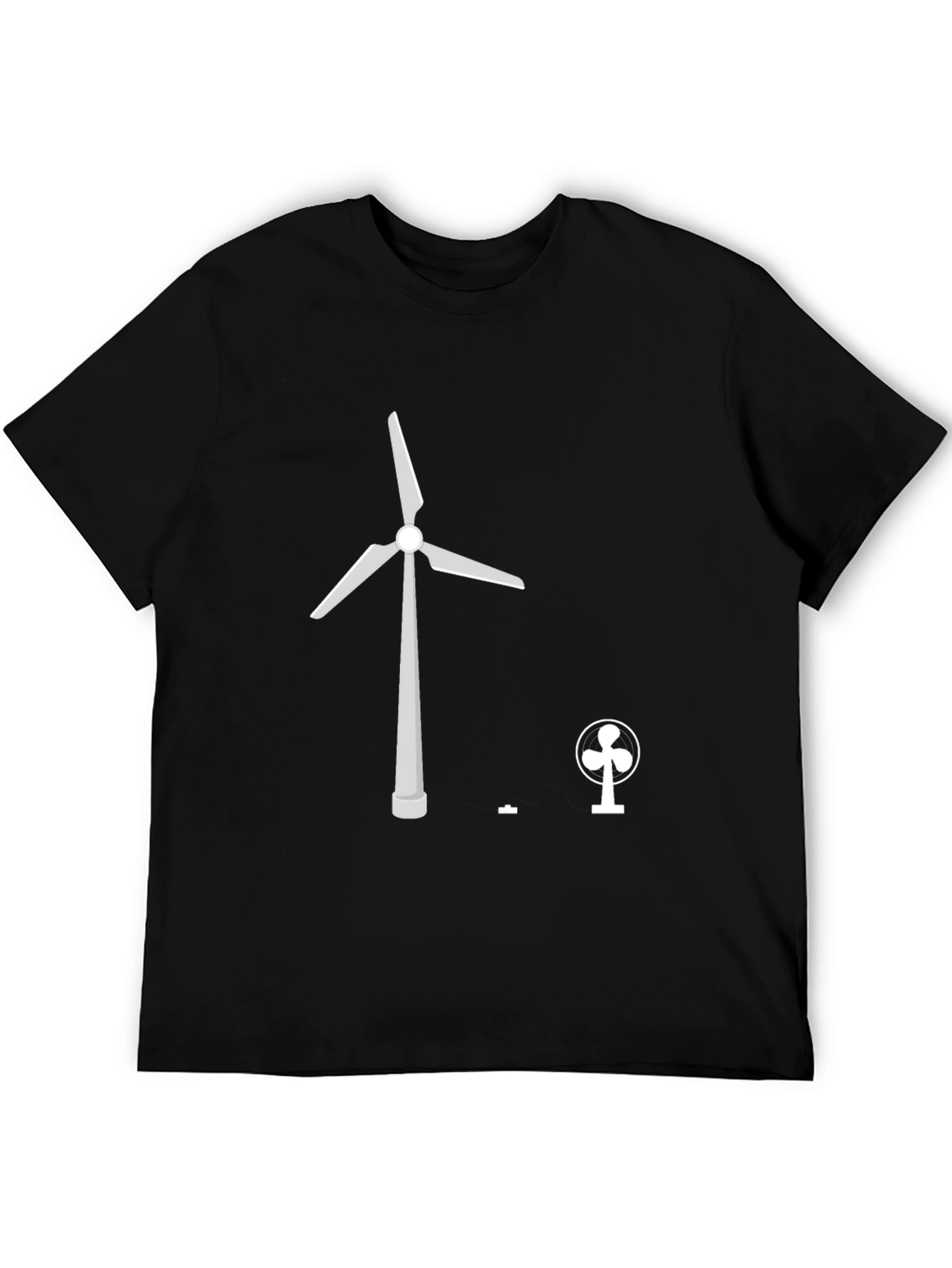 Black T-Shirt with Wind Turbine vs Fan Graphic