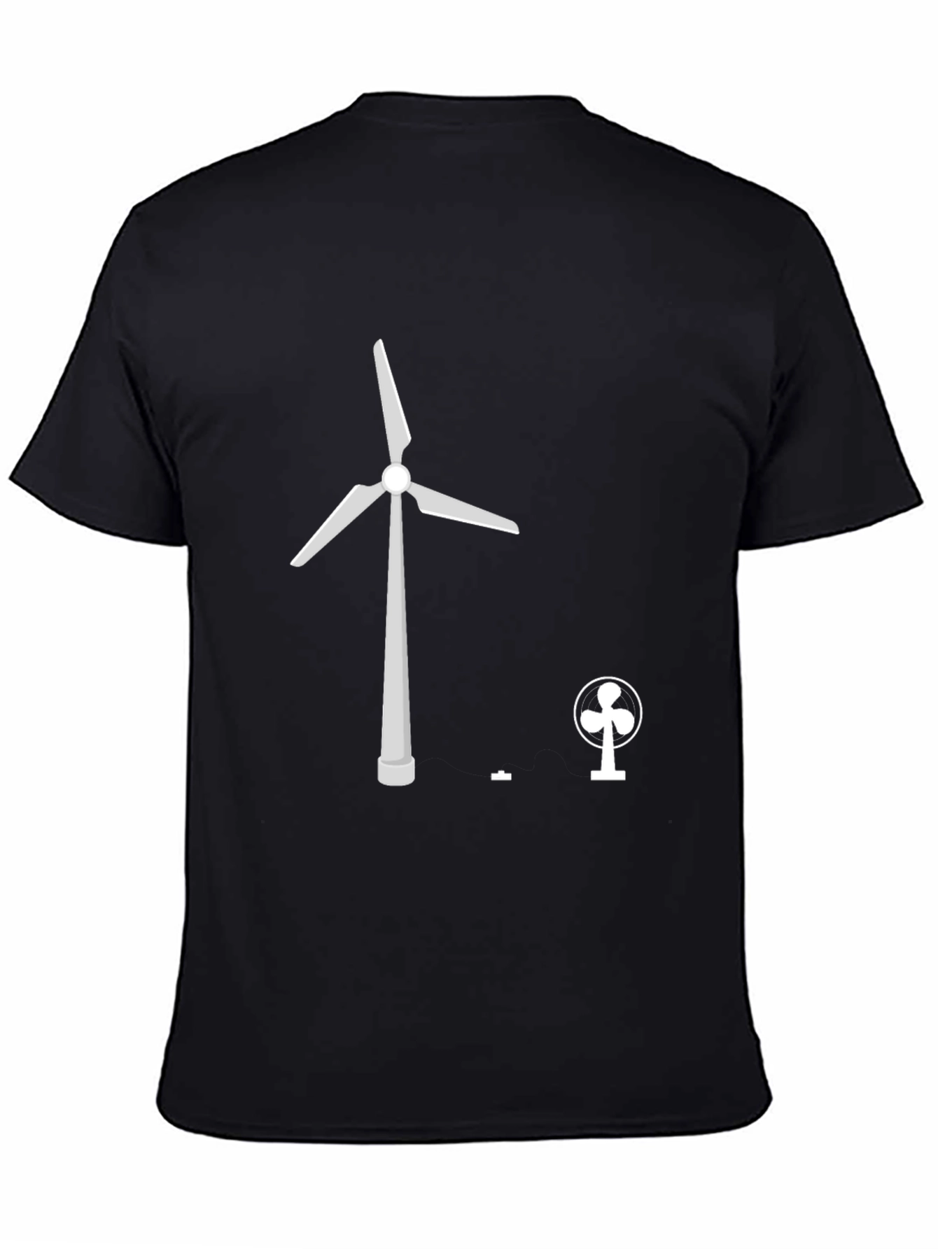 Black T-Shirt with Wind Turbine vs Fan Graphic