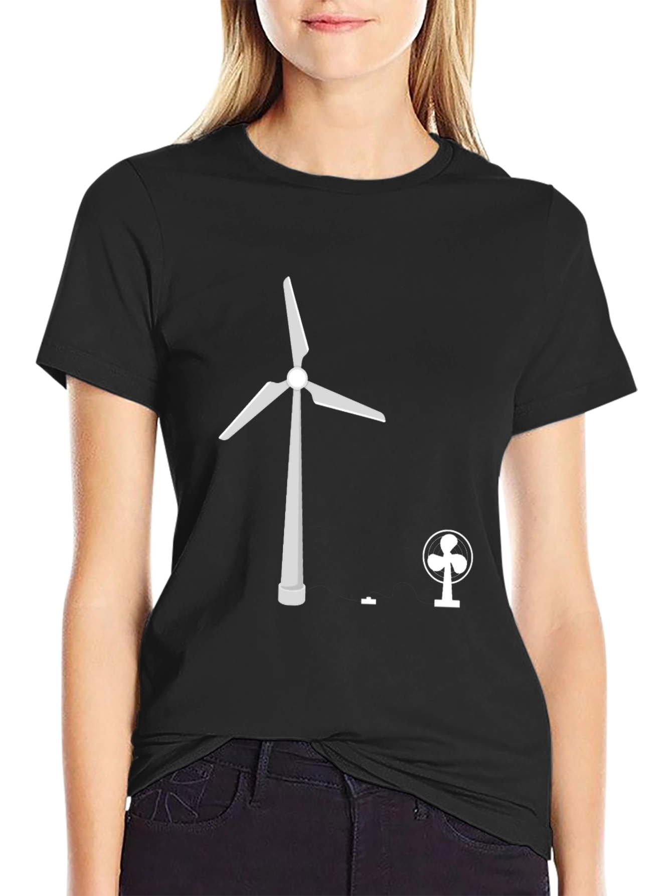 Black T-Shirt with Wind Turbine vs Fan Graphic