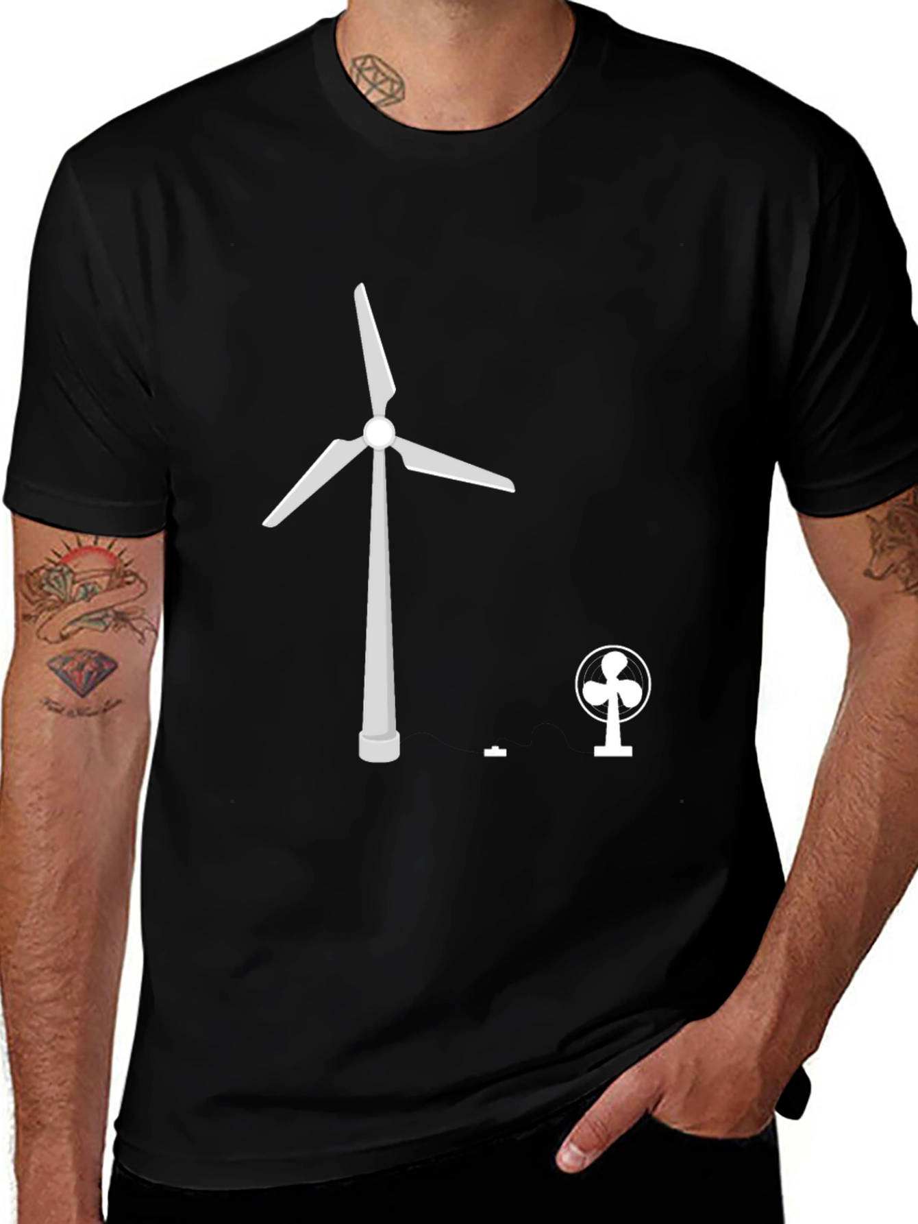 Black T-Shirt with Wind Turbine vs Fan Graphic