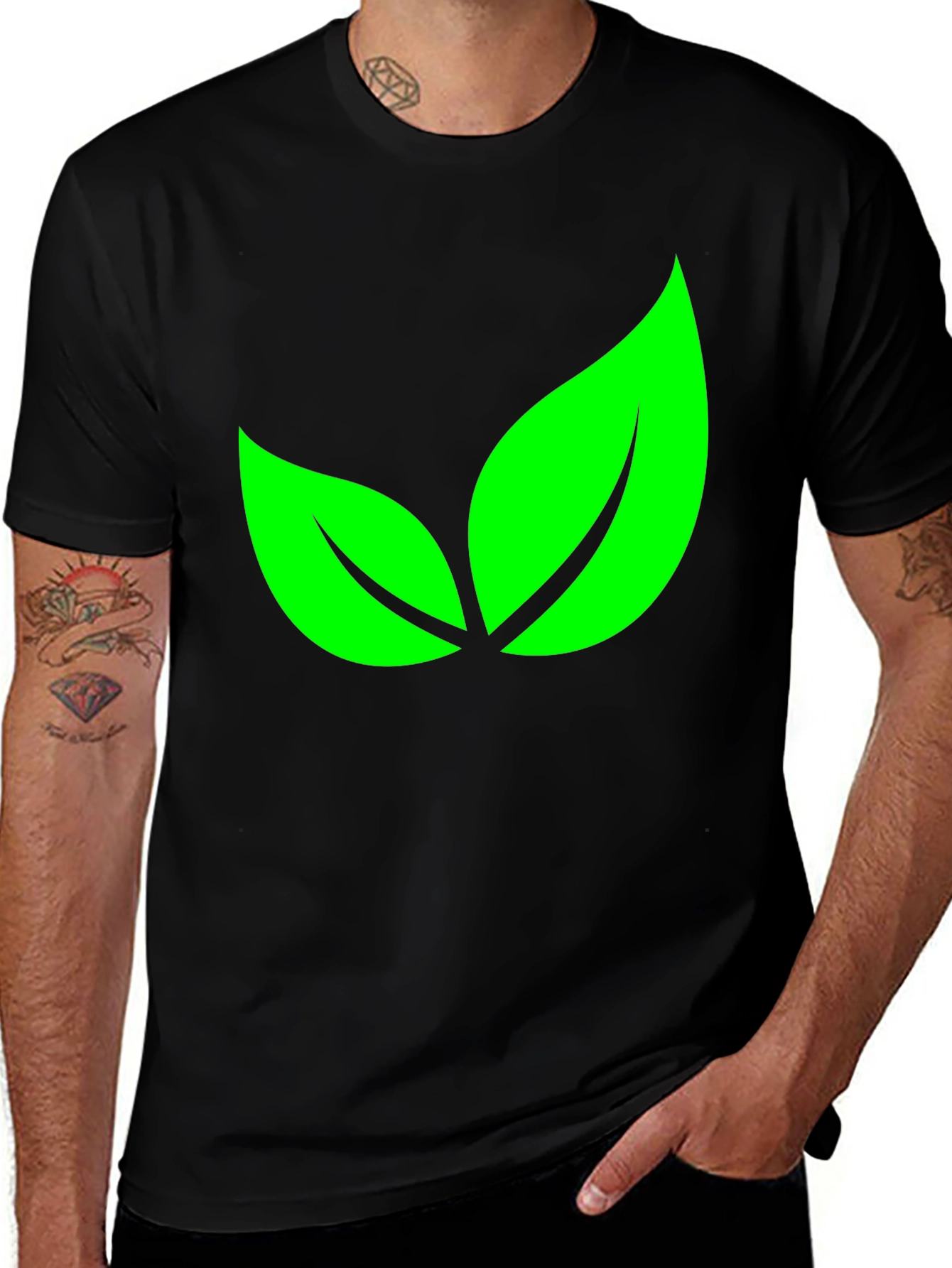 Green Leaves Graphic Black T-Shirt