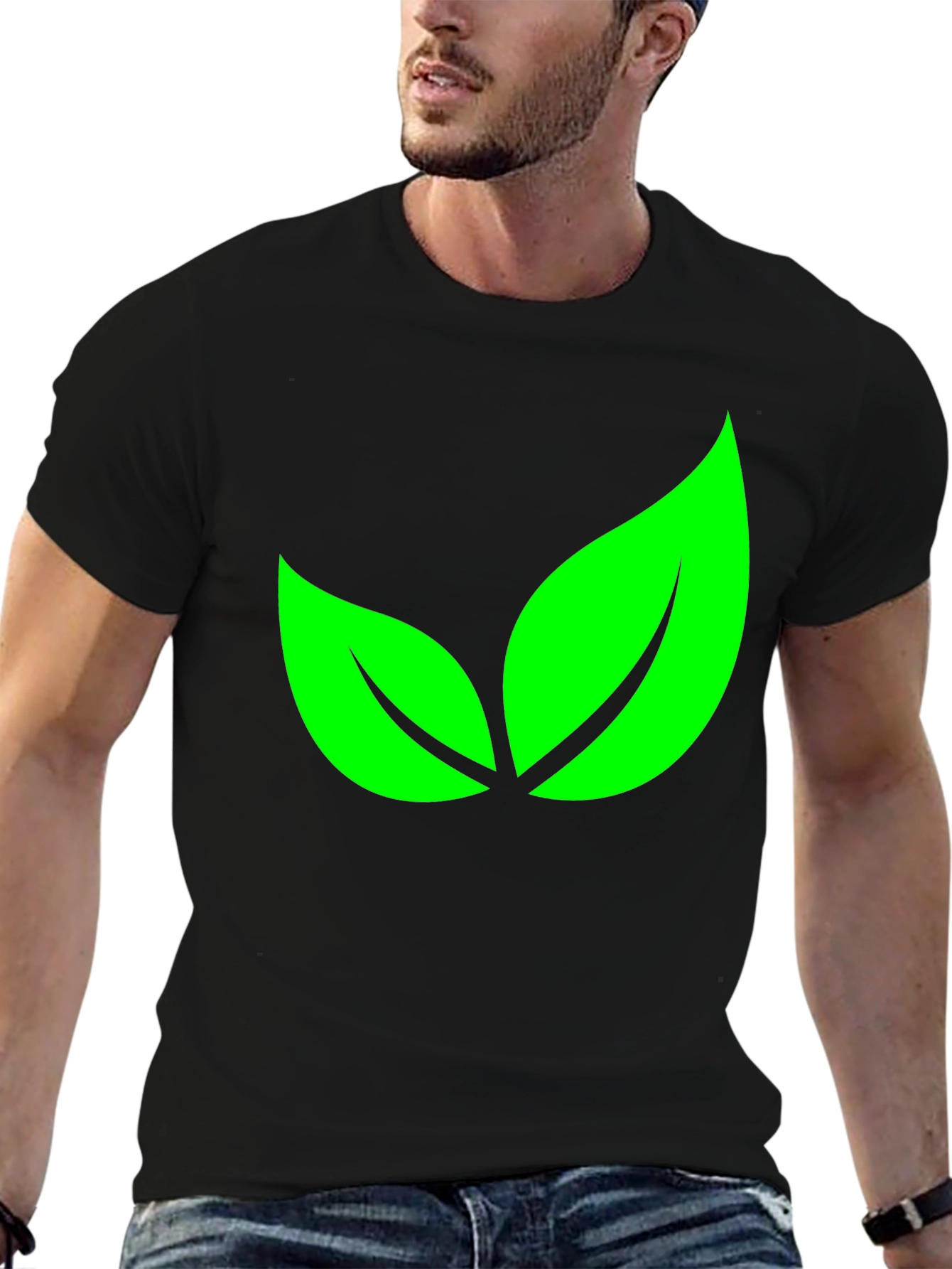 Green Leaves Graphic Black T-Shirt