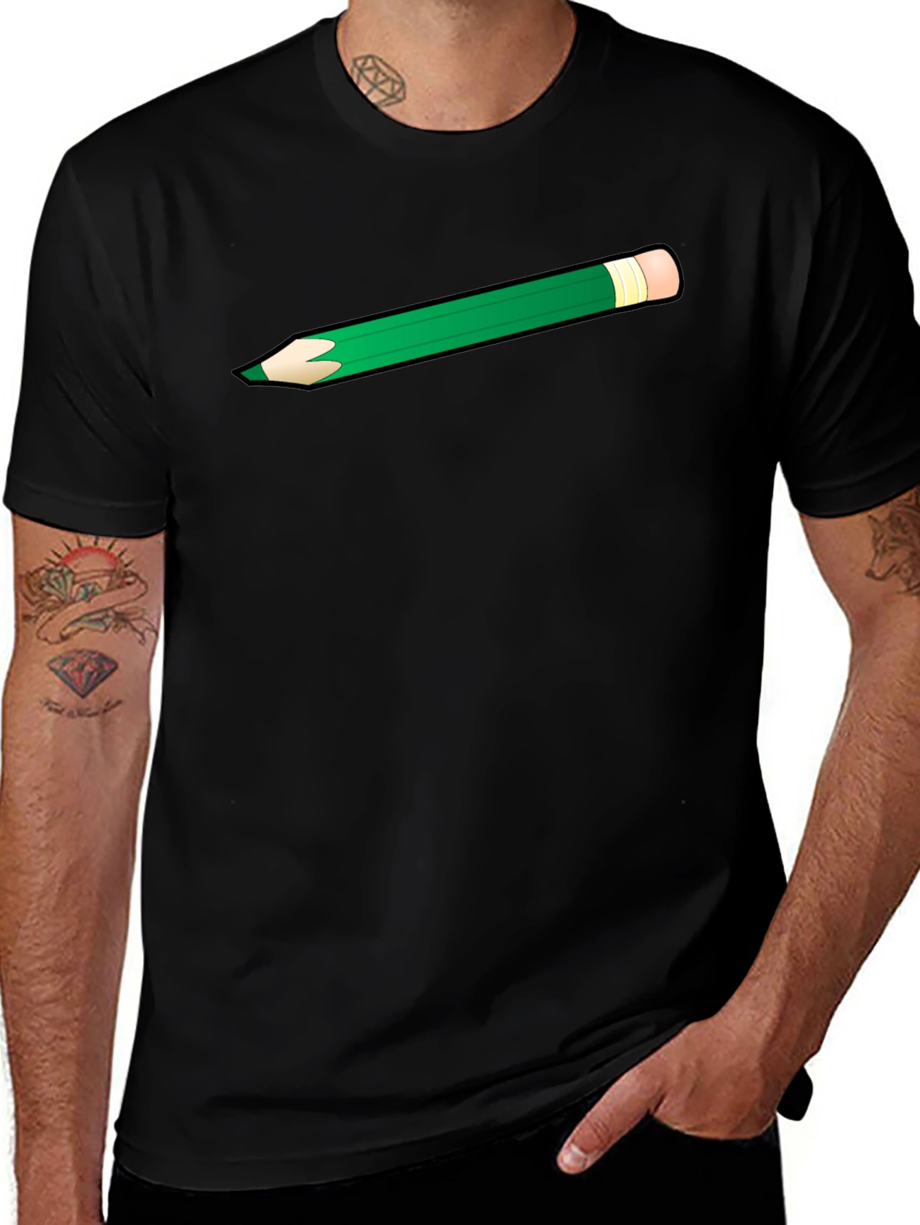 Green Pencil Graphic Black T-Shirt