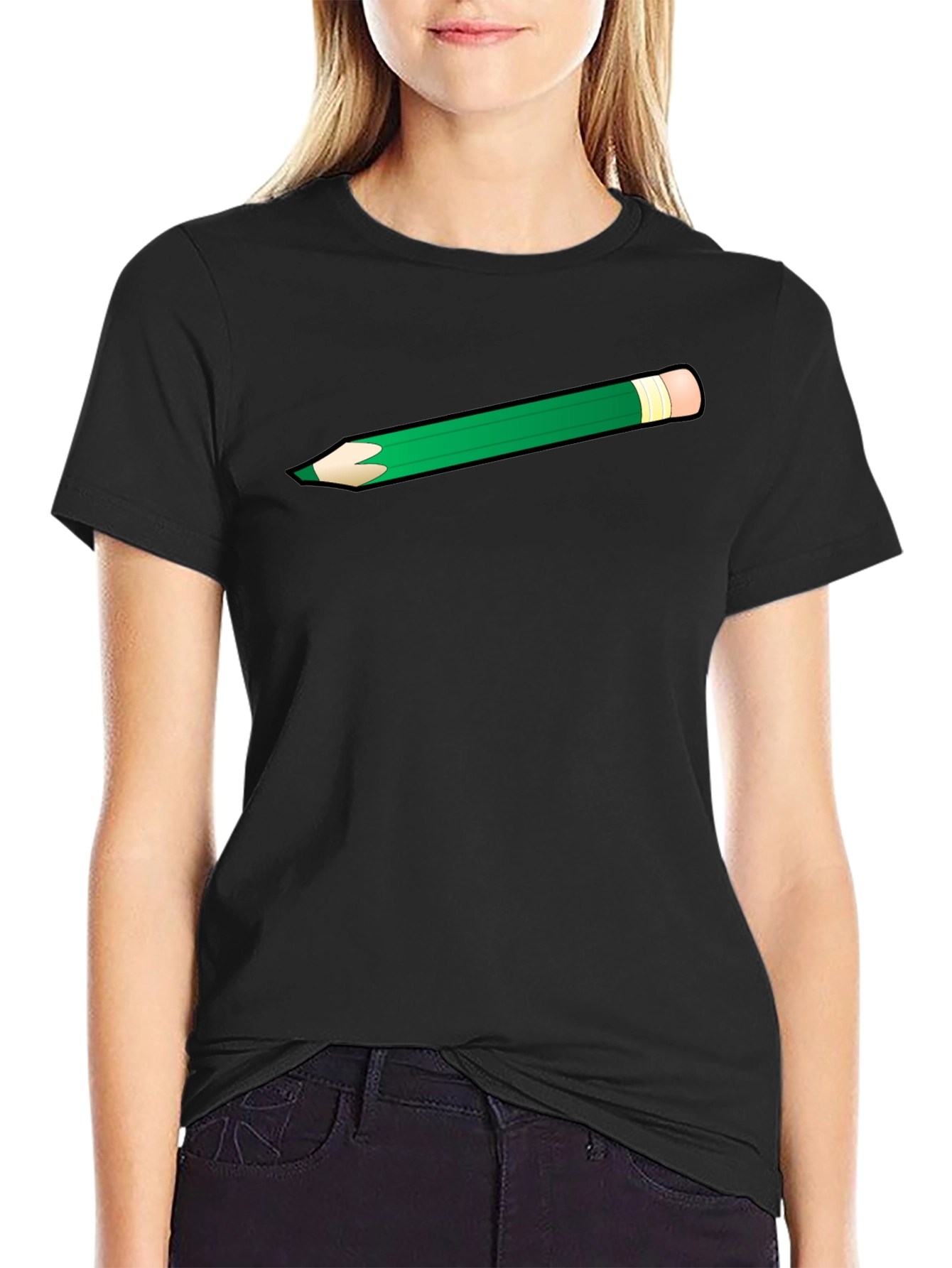 Green Pencil Graphic Black T-Shirt