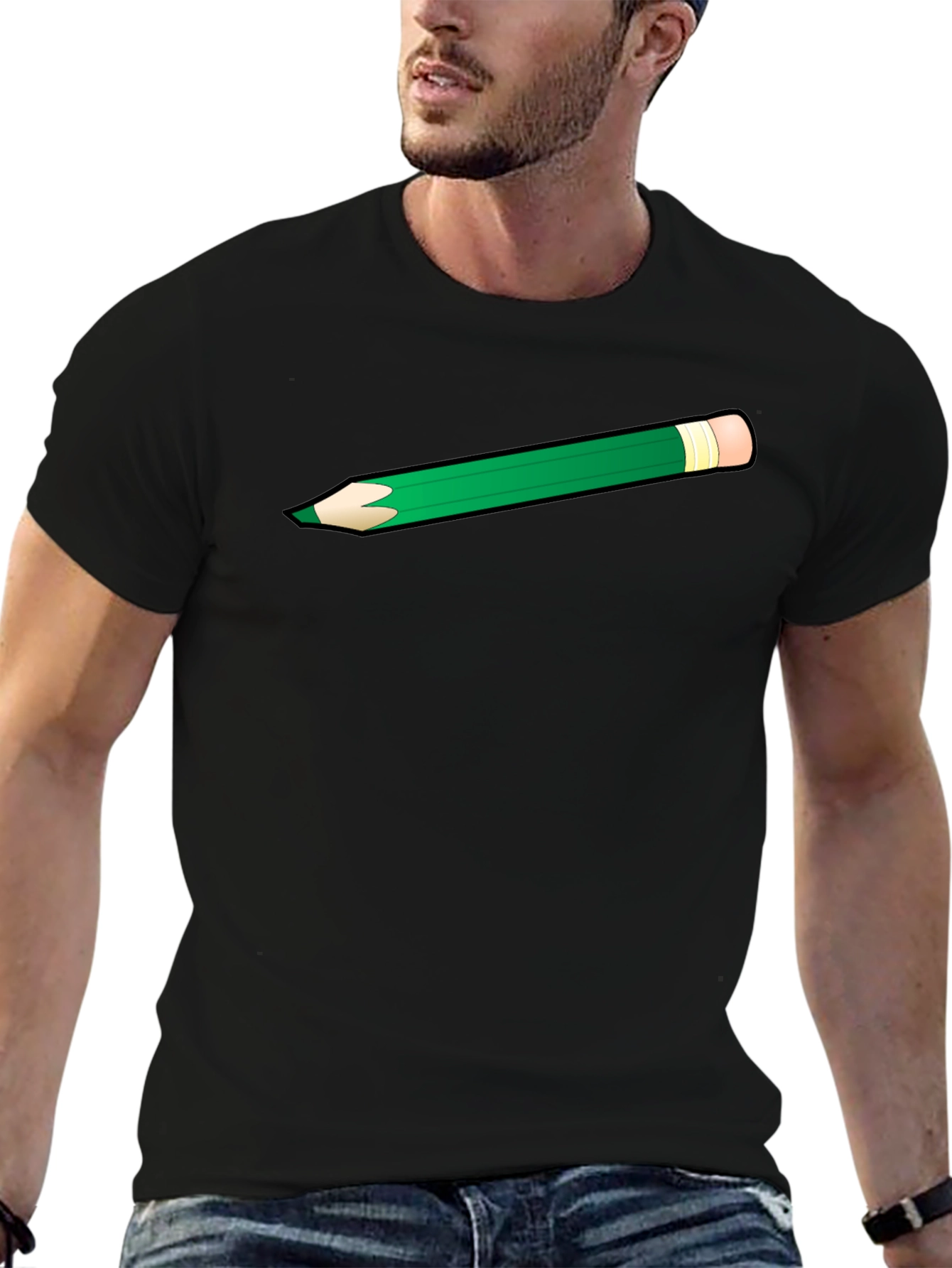 Green Pencil Graphic Black T-Shirt