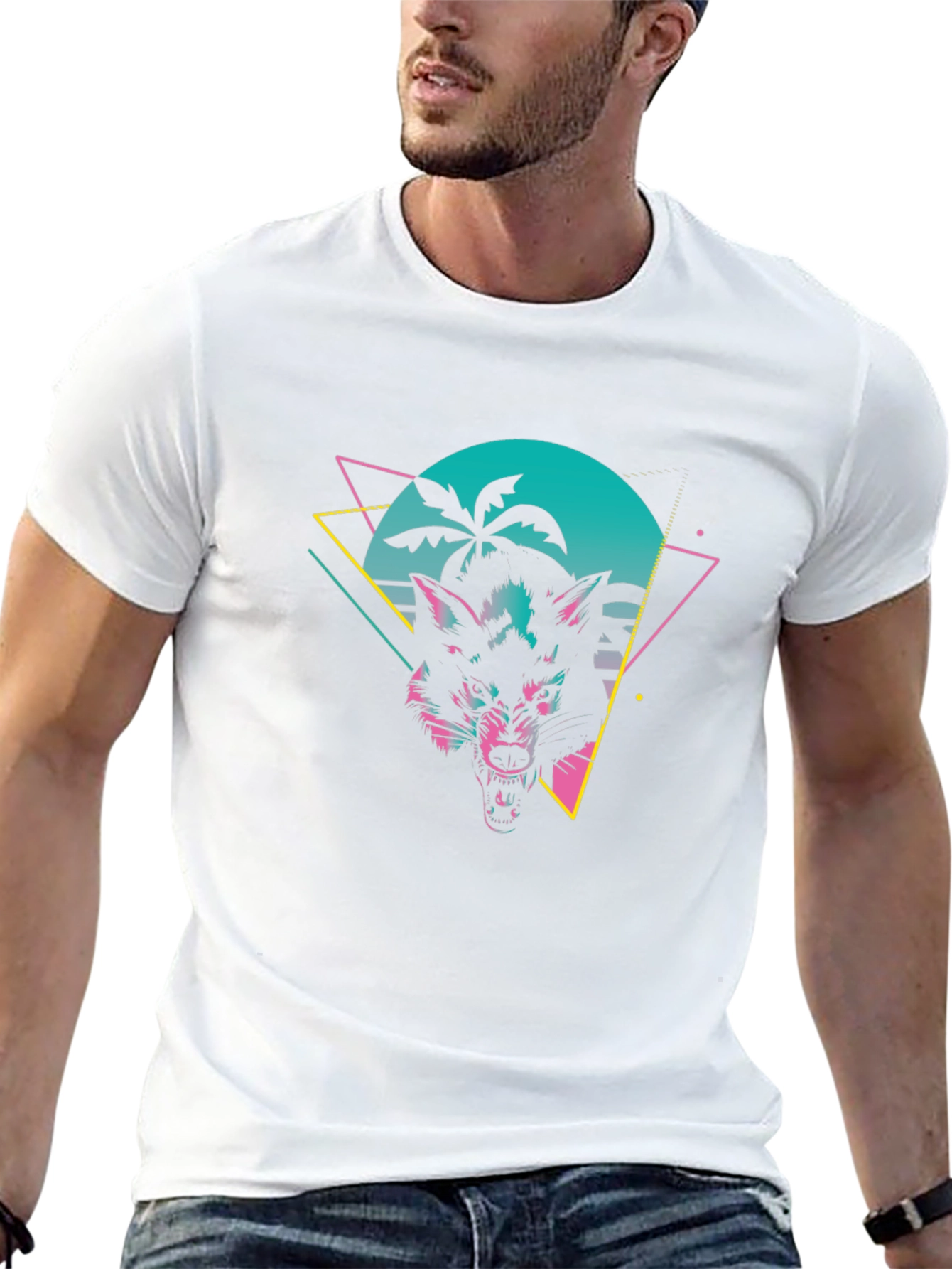 Retro Wolf Graphic Tee - Black Cotton T-Shirt