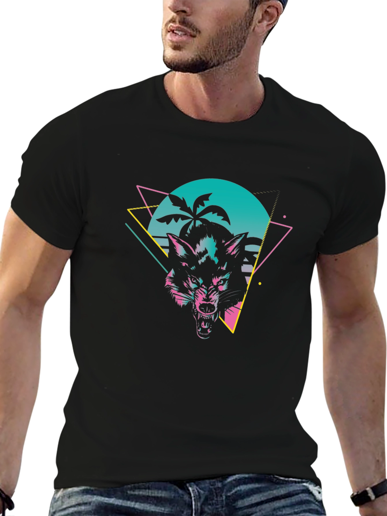 Retro Wolf Graphic Tee - Black Cotton T-Shirt
