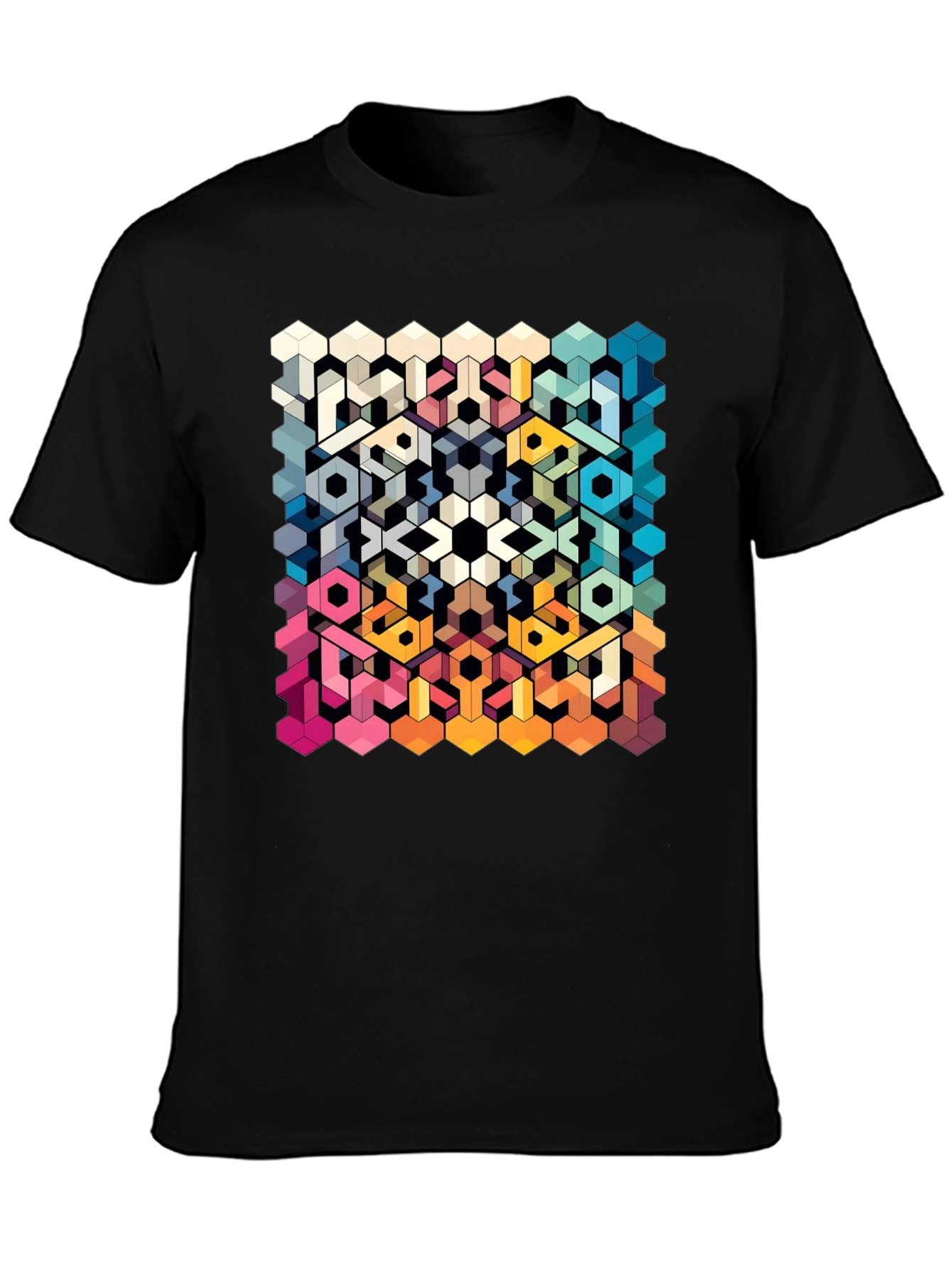 Geometric Hexagon Art Graphic Black T-Shirt