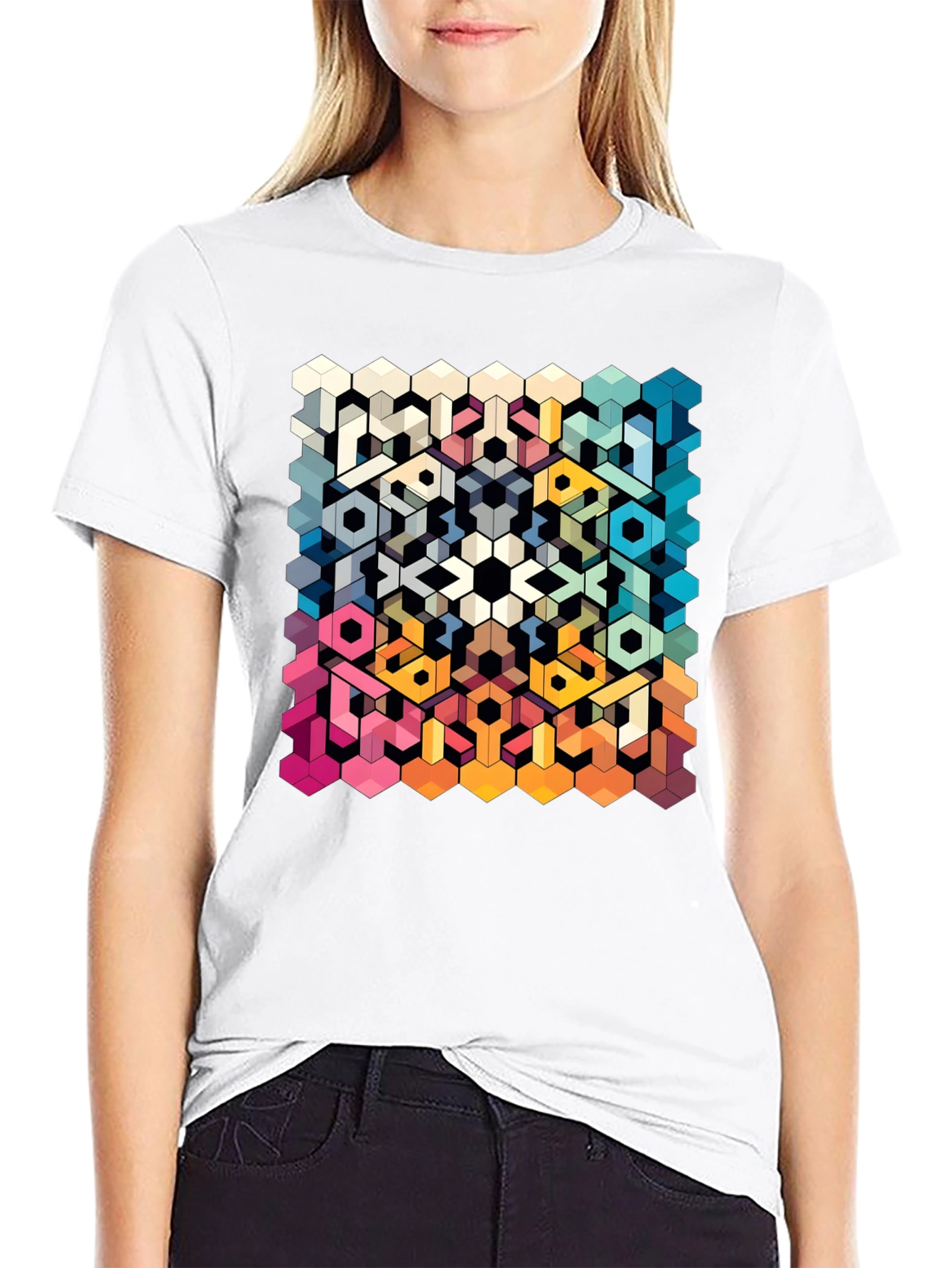 Geometric Hexagon Art Graphic Black T-Shirt