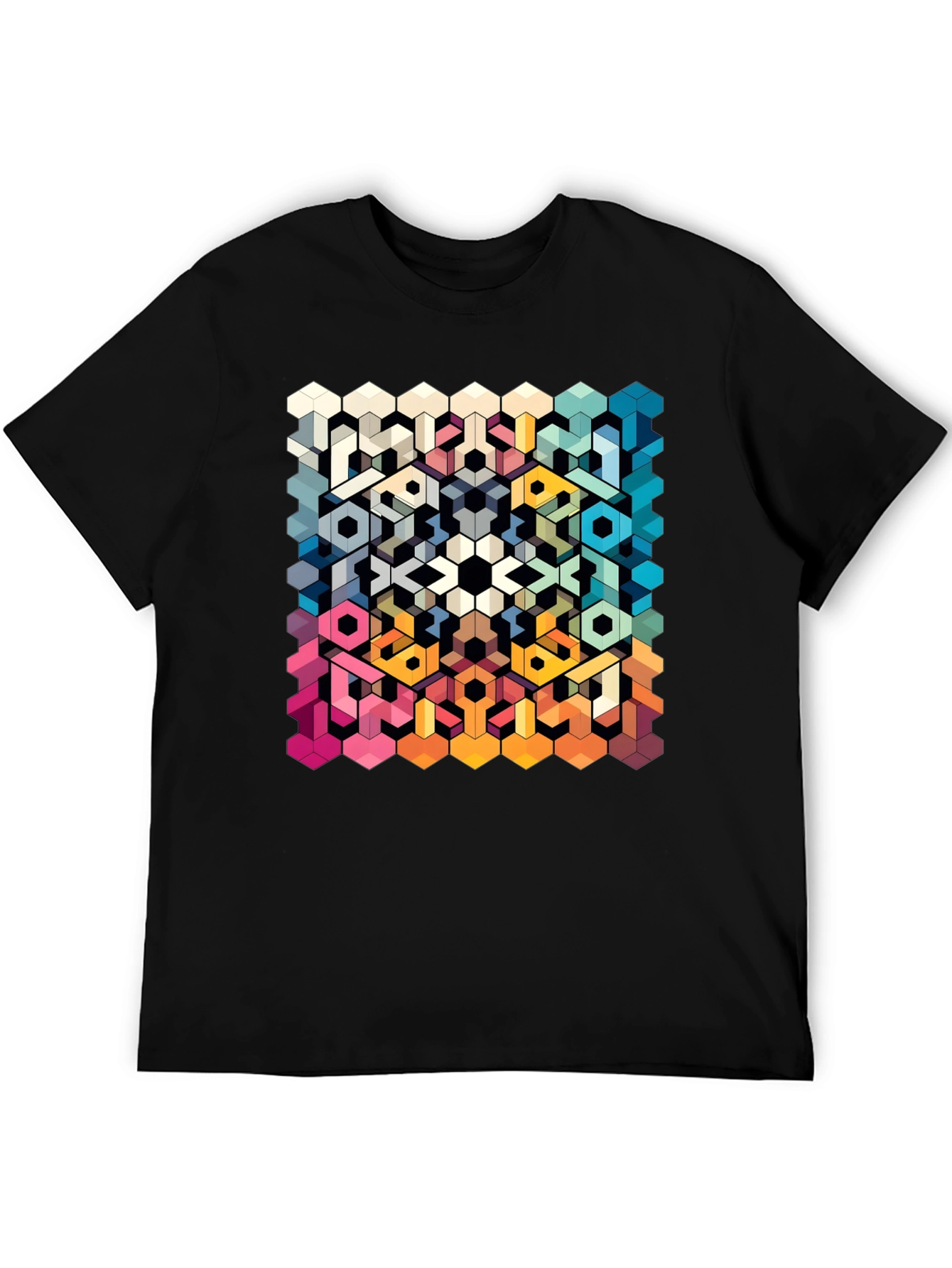 Geometric Hexagon Art Graphic Black T-Shirt