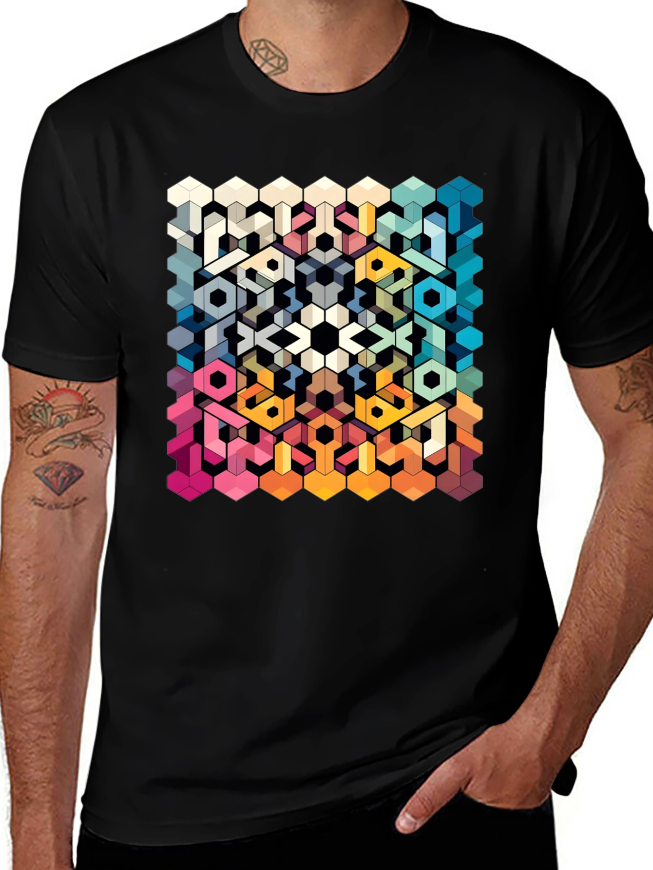Geometric Hexagon Art Graphic Black T-Shirt