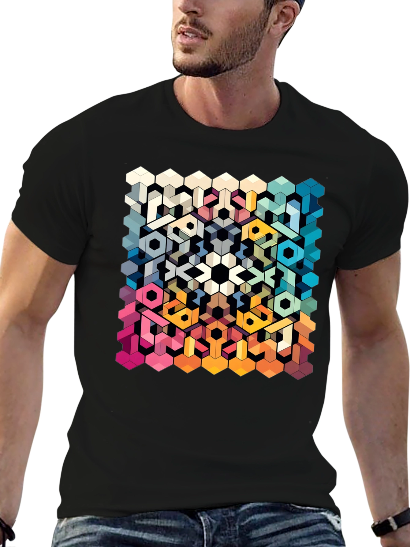Geometric Hexagon Art Graphic Black T-Shirt