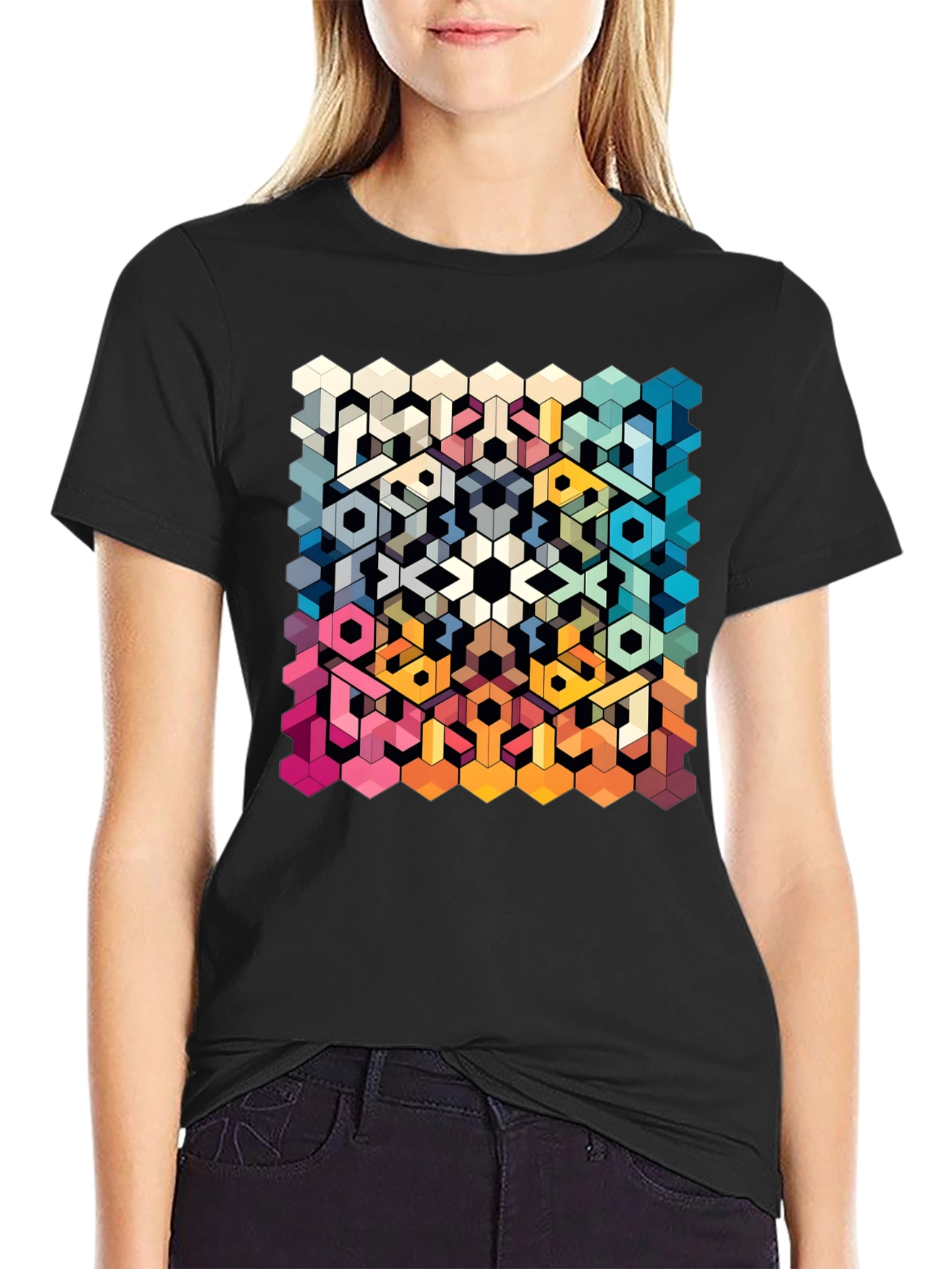 Geometric Hexagon Art Graphic Black T-Shirt