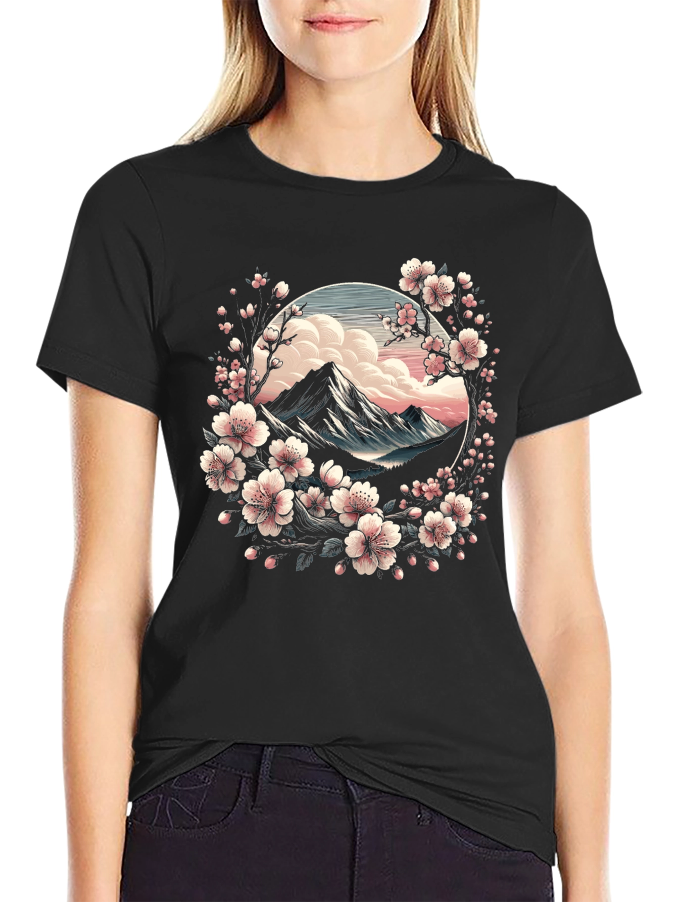 Sakura Mountain Graphic Tee - Artistic Nature Design