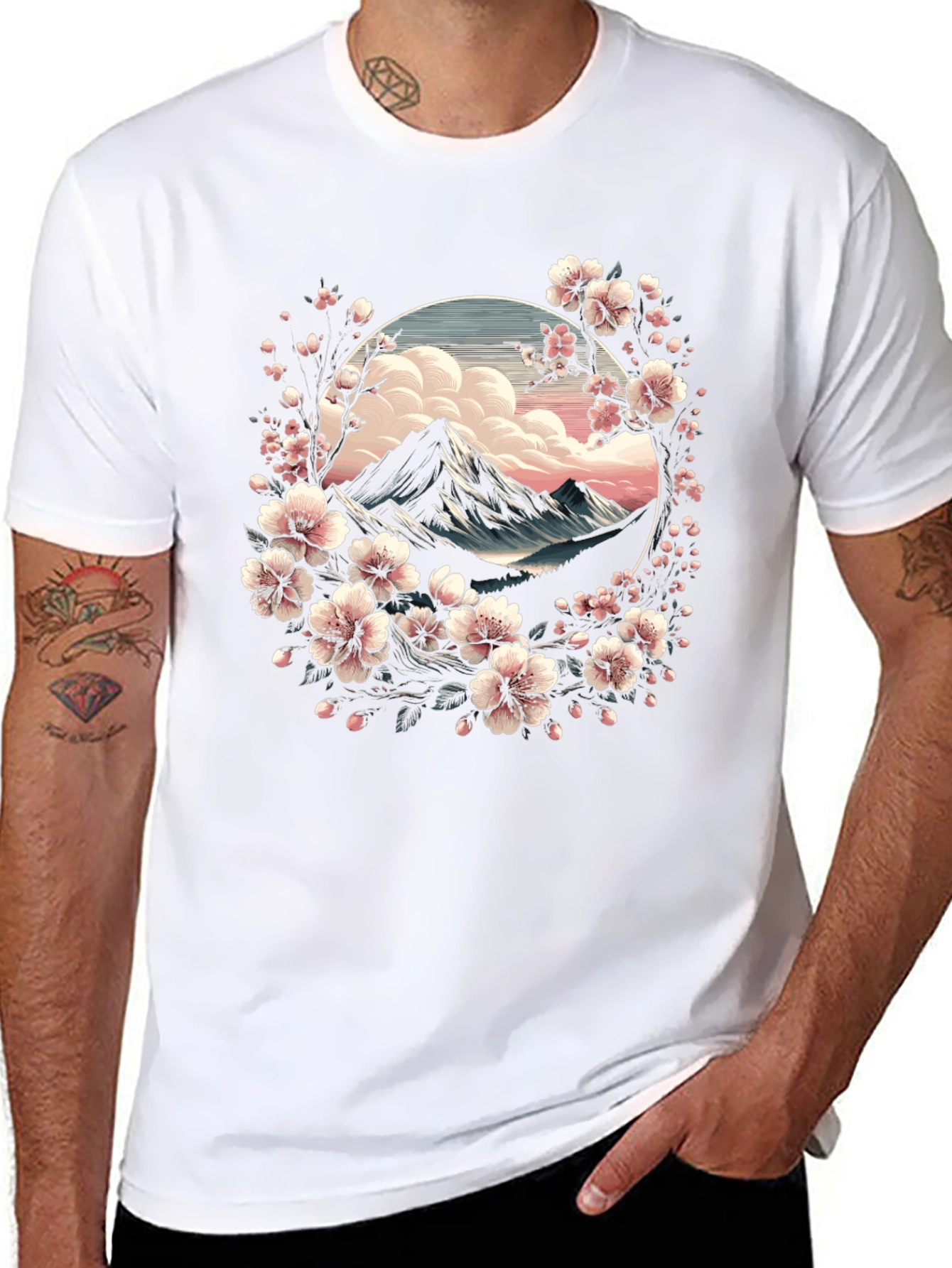 Sakura Mountain Graphic Tee - Artistic Nature Design