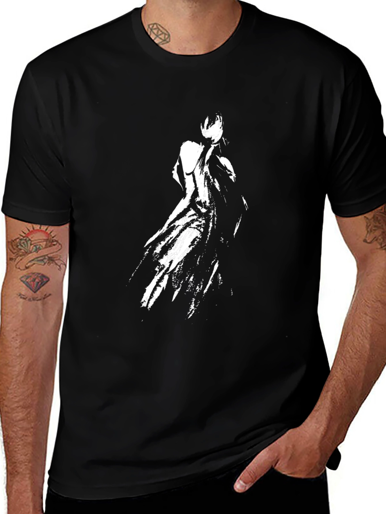 Mens Black T-Shirt with Abstract White Figure Print