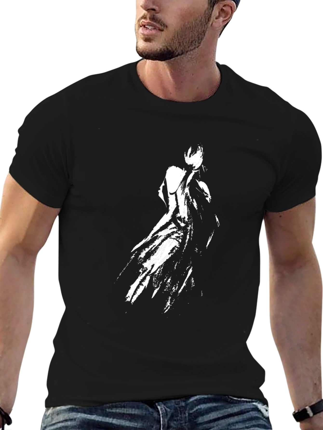 Mens Black T-Shirt with Abstract White Figure Print