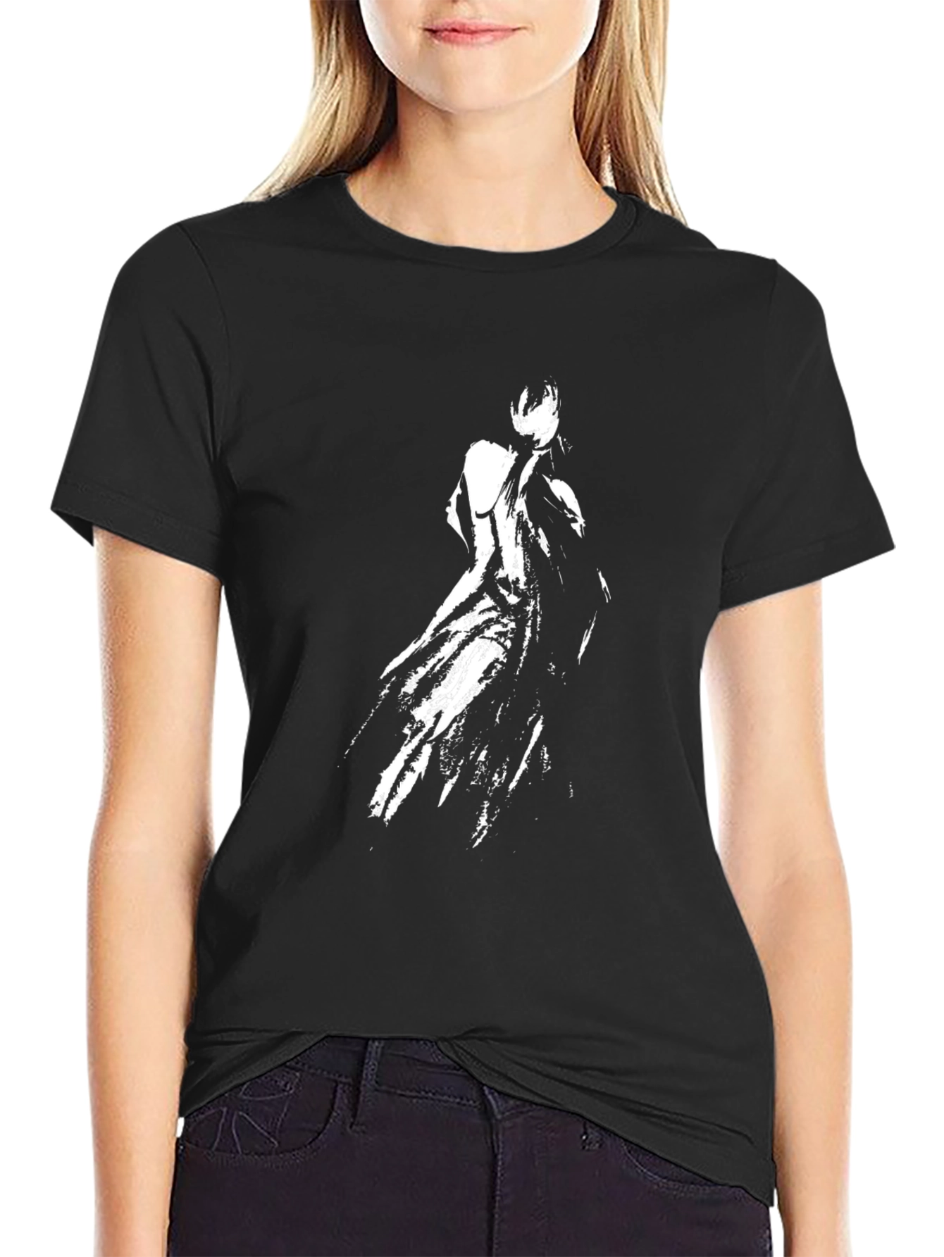 Mens Black T-Shirt with Abstract White Figure Print