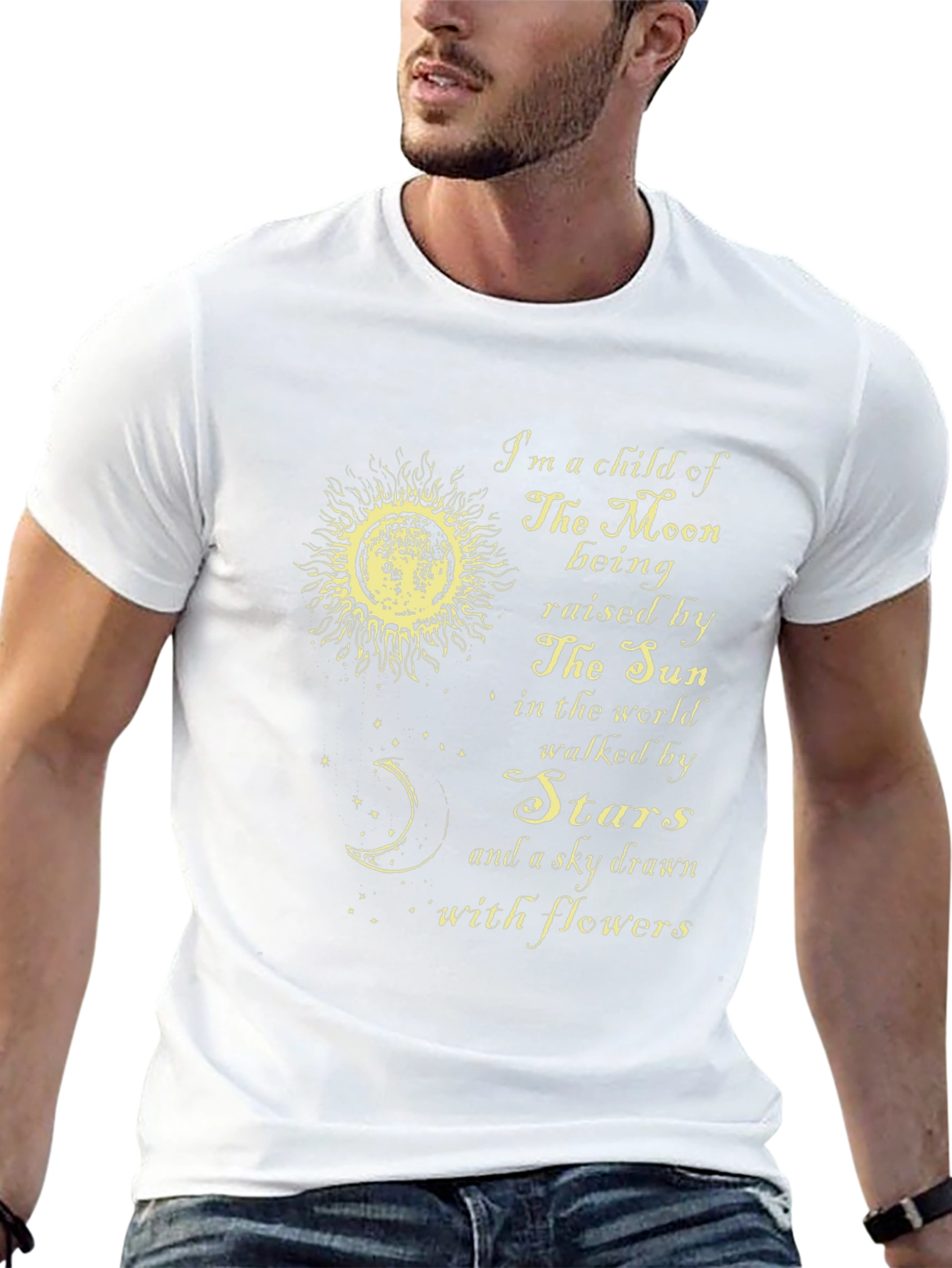 Celestial T-Shirt: Moon Sun Stars Flowers Design