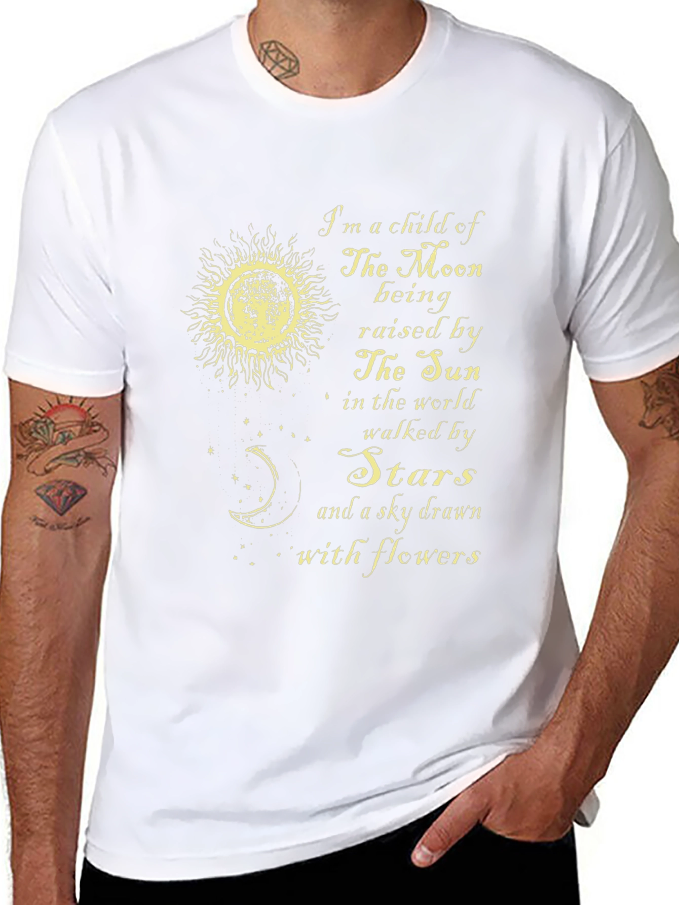Celestial T-Shirt: Moon Sun Stars Flowers Design