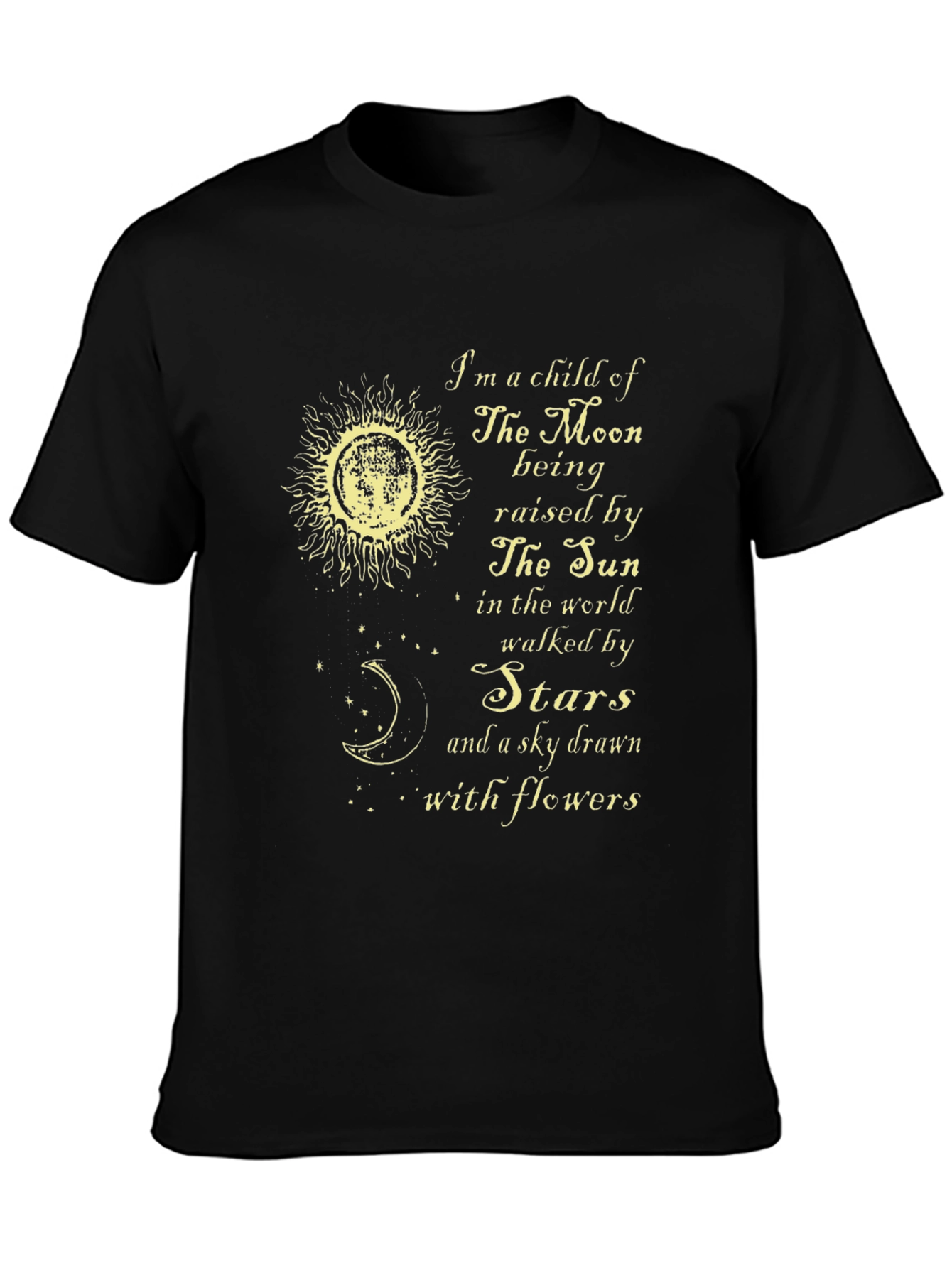 Celestial T-Shirt: Moon Sun Stars Flowers Design