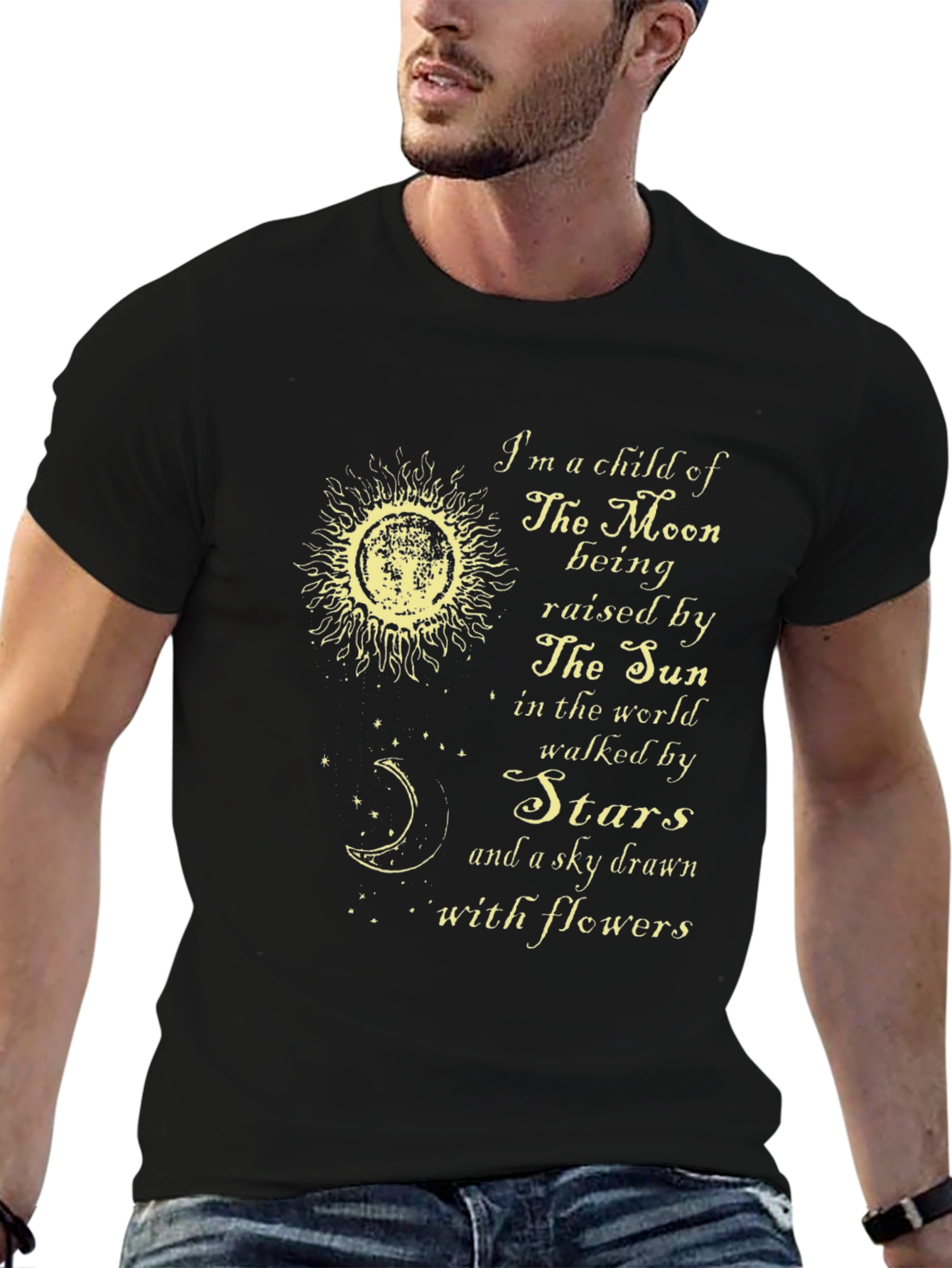 Celestial T-Shirt: Moon Sun Stars Flowers Design