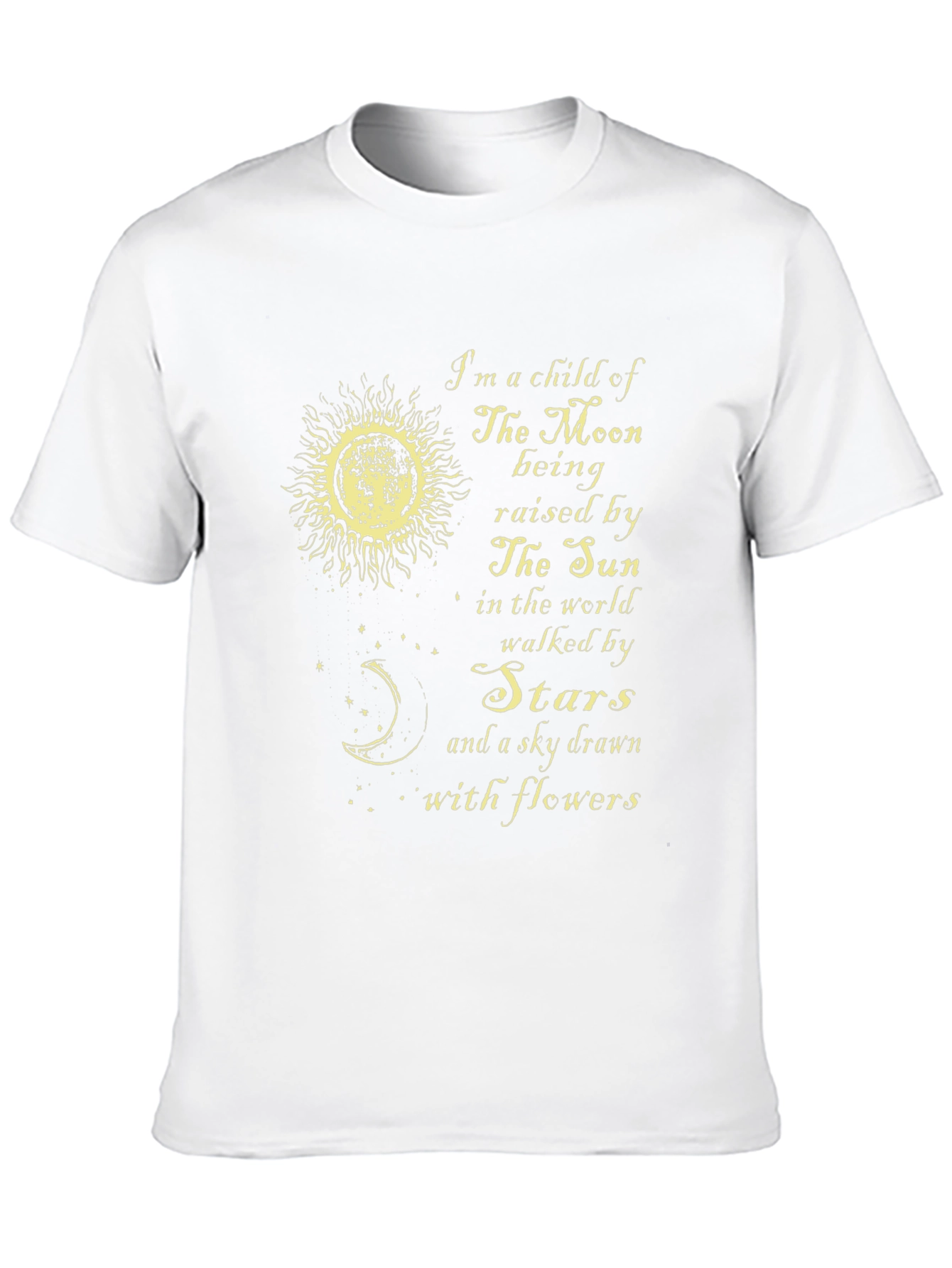 Celestial T-Shirt: Moon Sun Stars Flowers Design