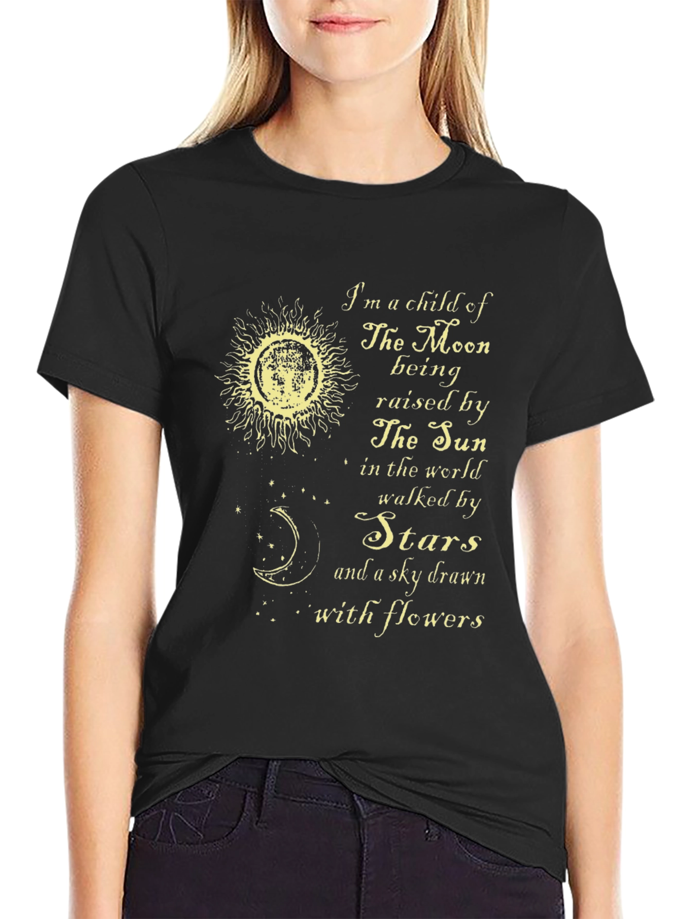 Celestial T-Shirt: Moon Sun Stars Flowers Design