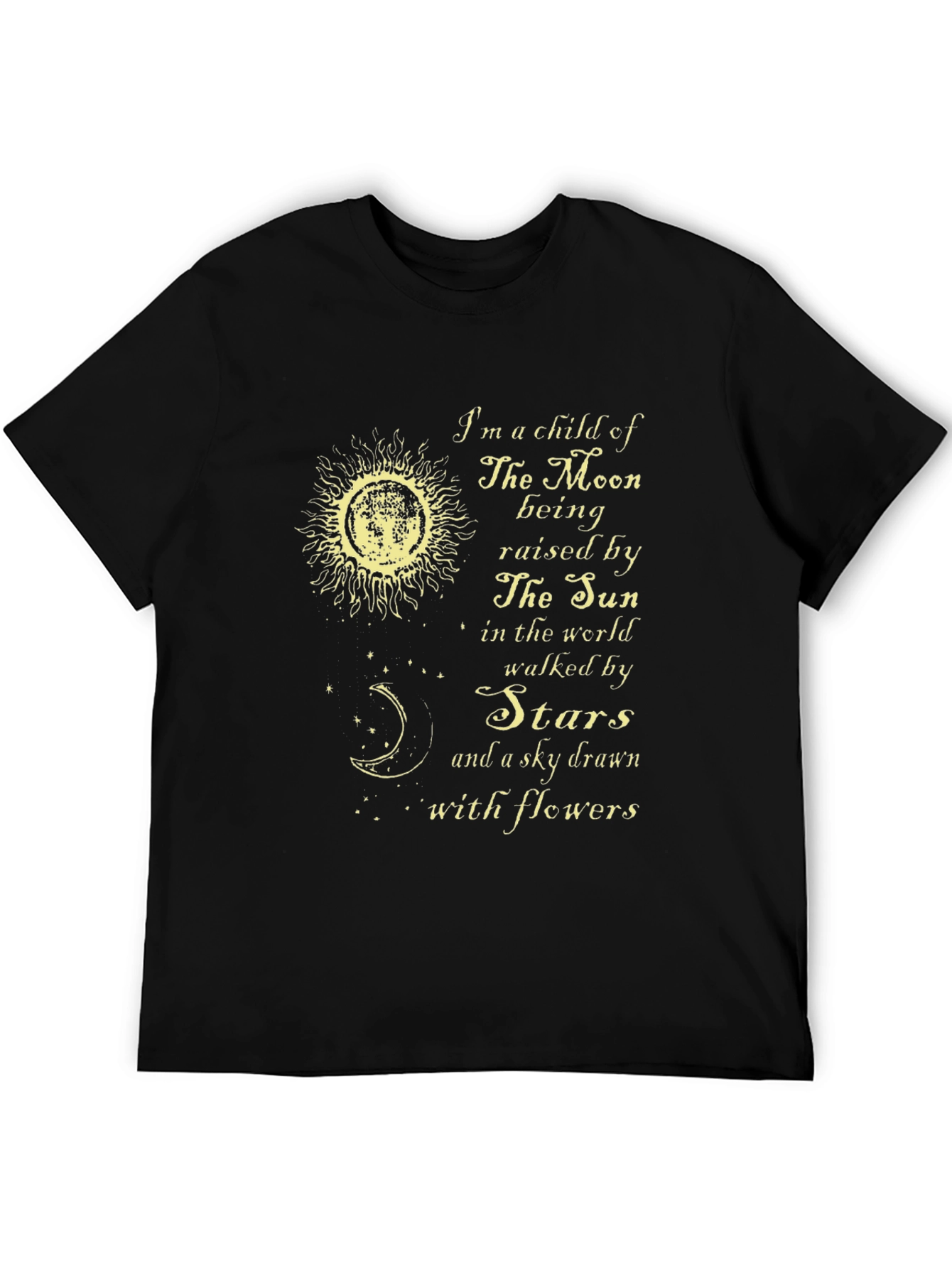 Celestial T-Shirt: Moon Sun Stars Flowers Design