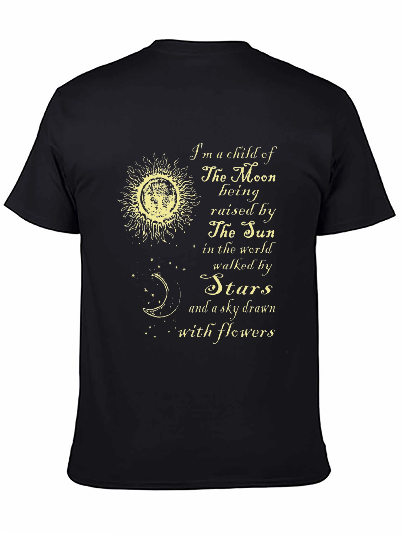 Celestial T-Shirt: Moon Sun Stars Flowers Design