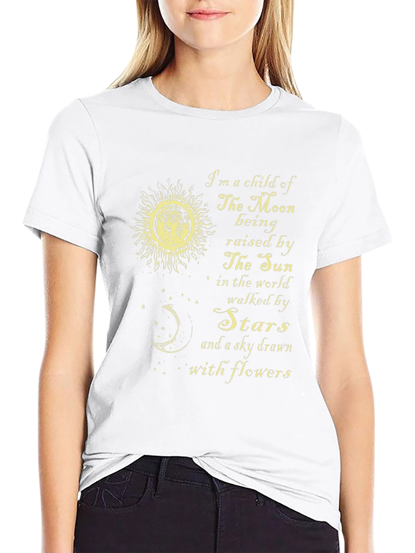 Celestial T-Shirt: Moon Sun Stars Flowers Design